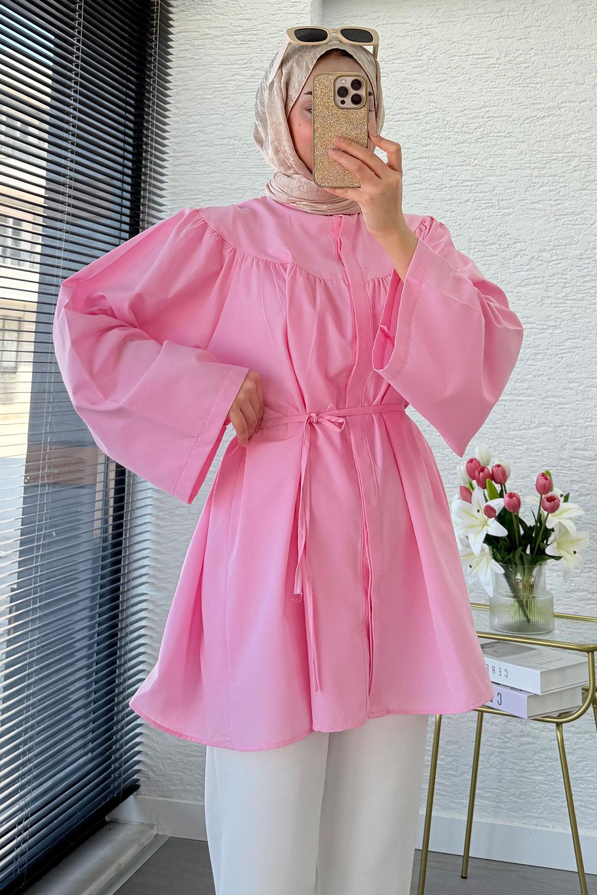 Ön Arka Büzgü Detaylı Volan Kol Poplin Tunik – Pembe