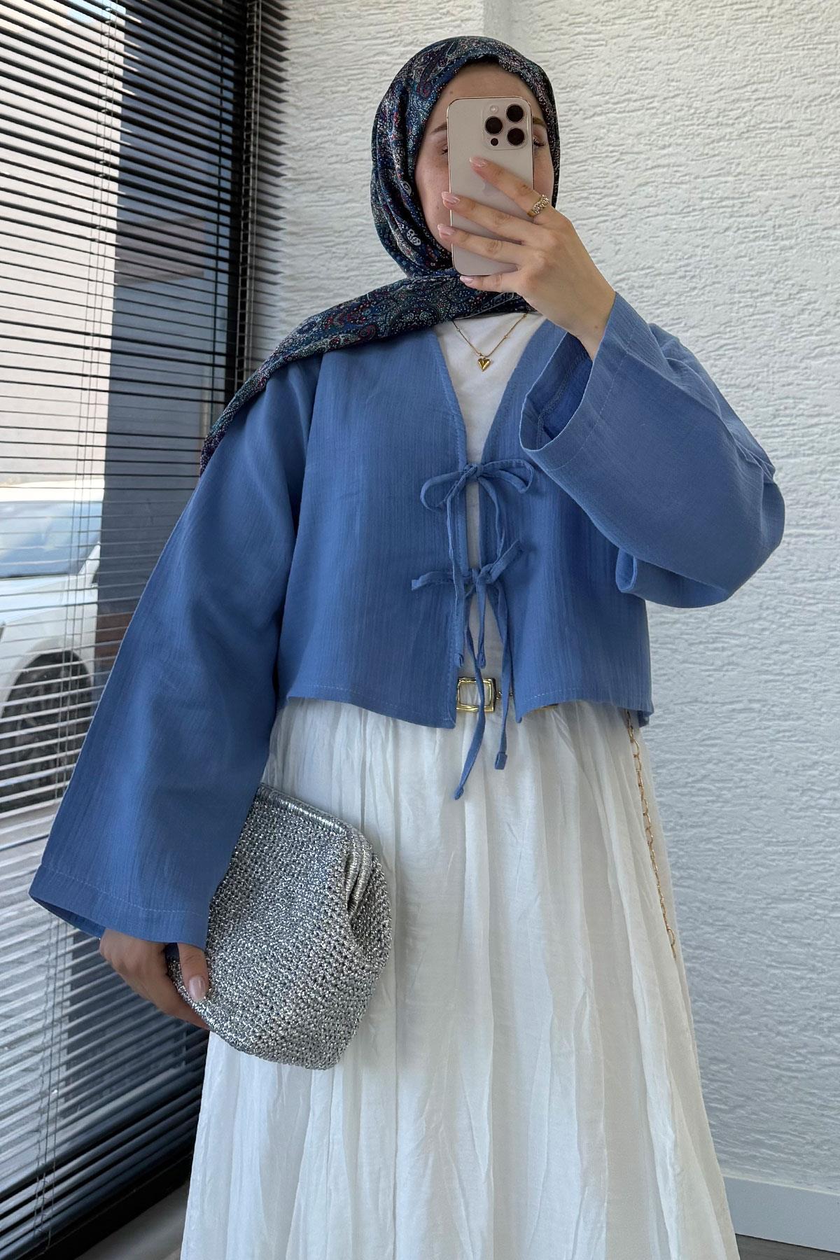 Önden Bağlamalı Kısa Müslin Kimono - İndigo