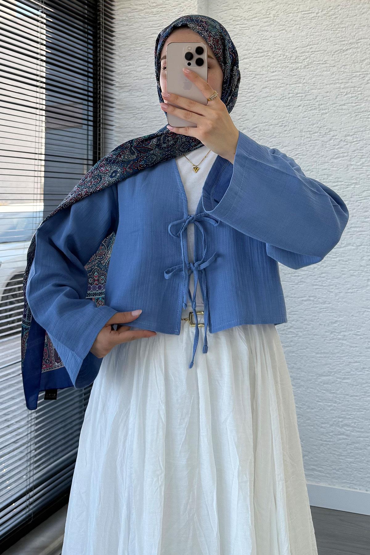 Önden Bağlamalı Kısa Müslin Kimono - İndigo