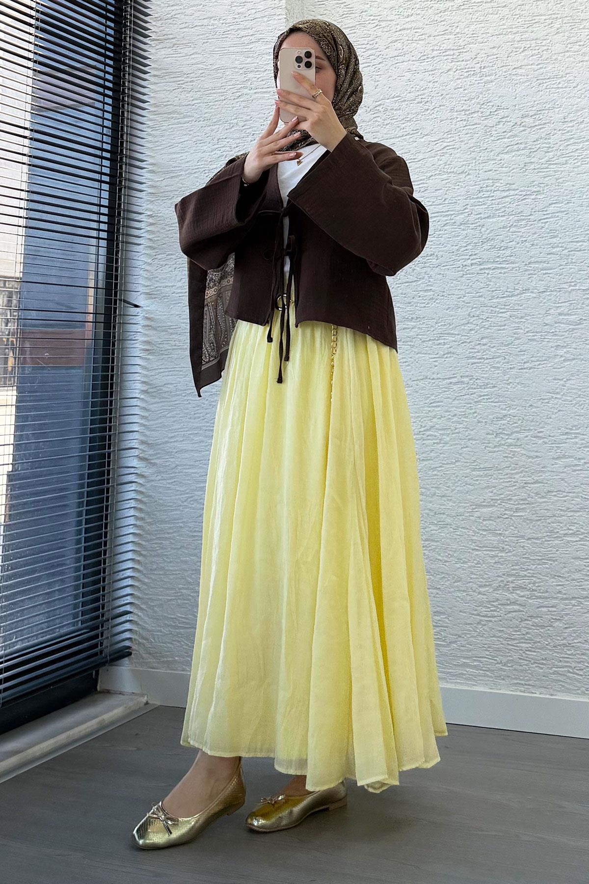 Önden Bağlamalı Kısa Müslin Kimono - Kahverengi