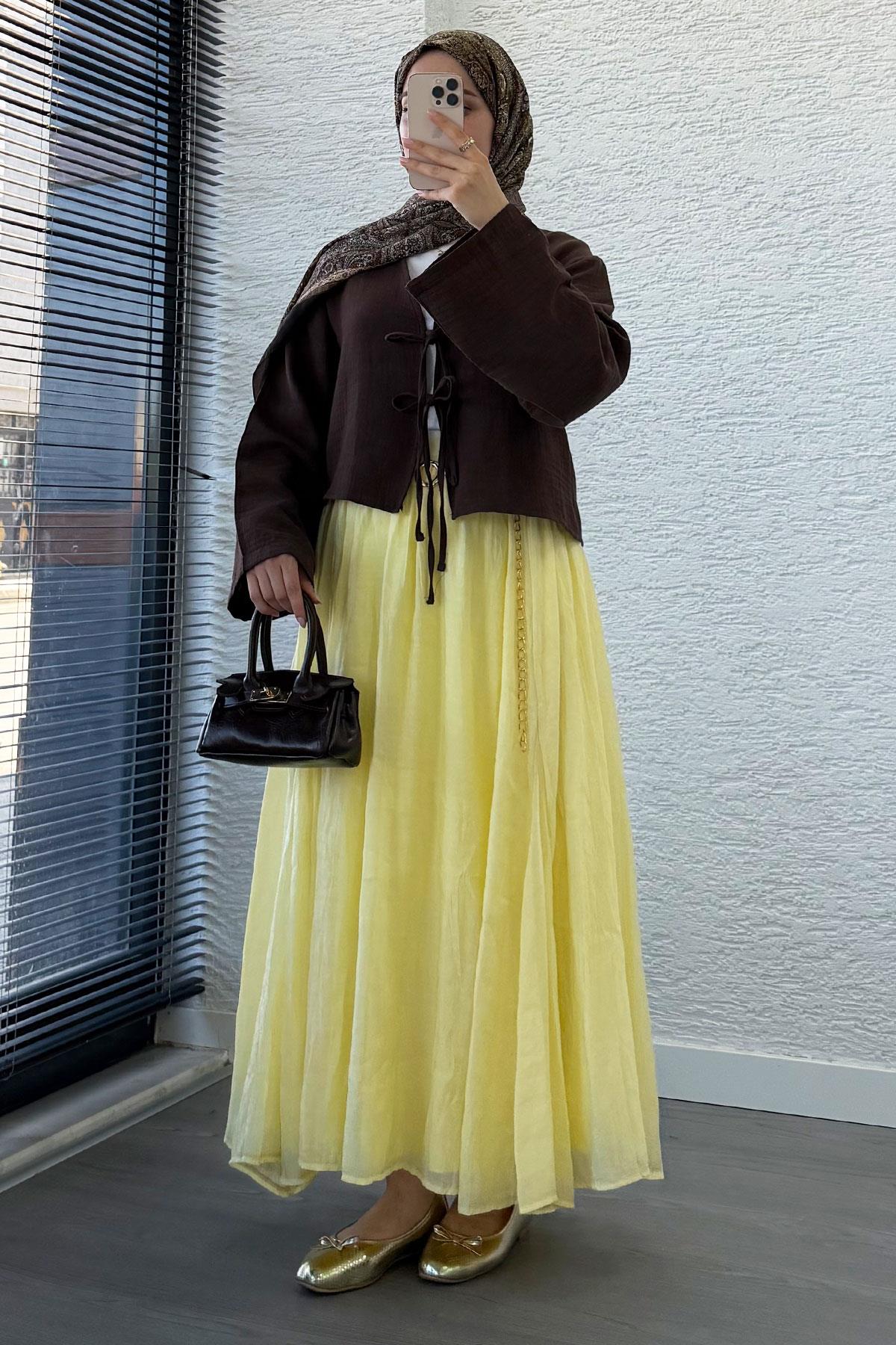 Önden Bağlamalı Kısa Müslin Kimono - Kahverengi
