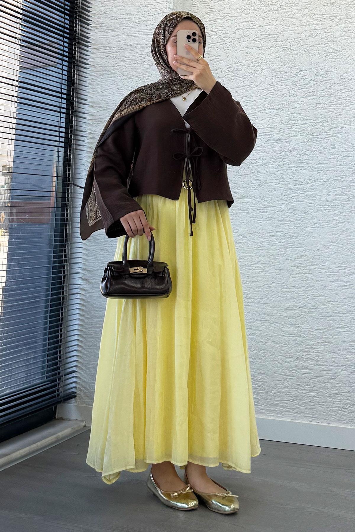 Önden Bağlamalı Kısa Müslin Kimono - Kahverengi