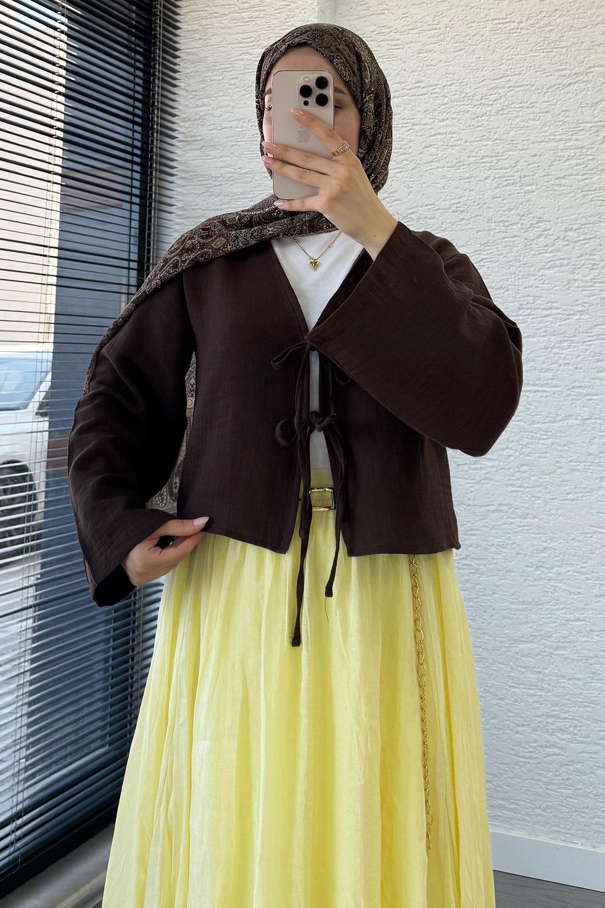 Önden Bağlamalı Kısa Müslin Kimono - Kahverengi