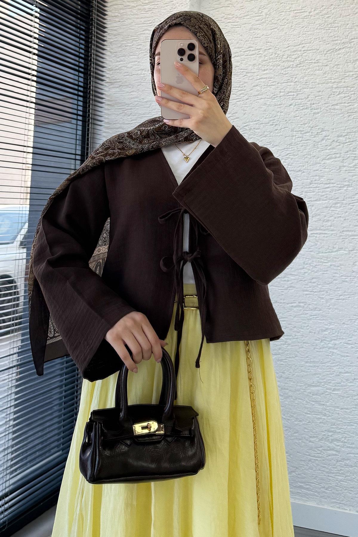 Önden Bağlamalı Kısa Müslin Kimono - Kahverengi
