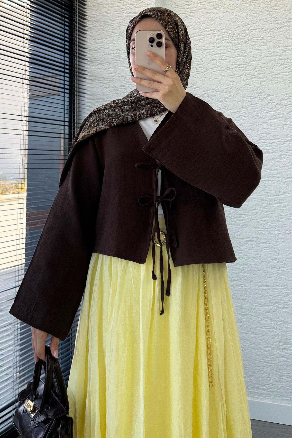 Önden Bağlamalı Kısa Müslin Kimono - Kahverengi