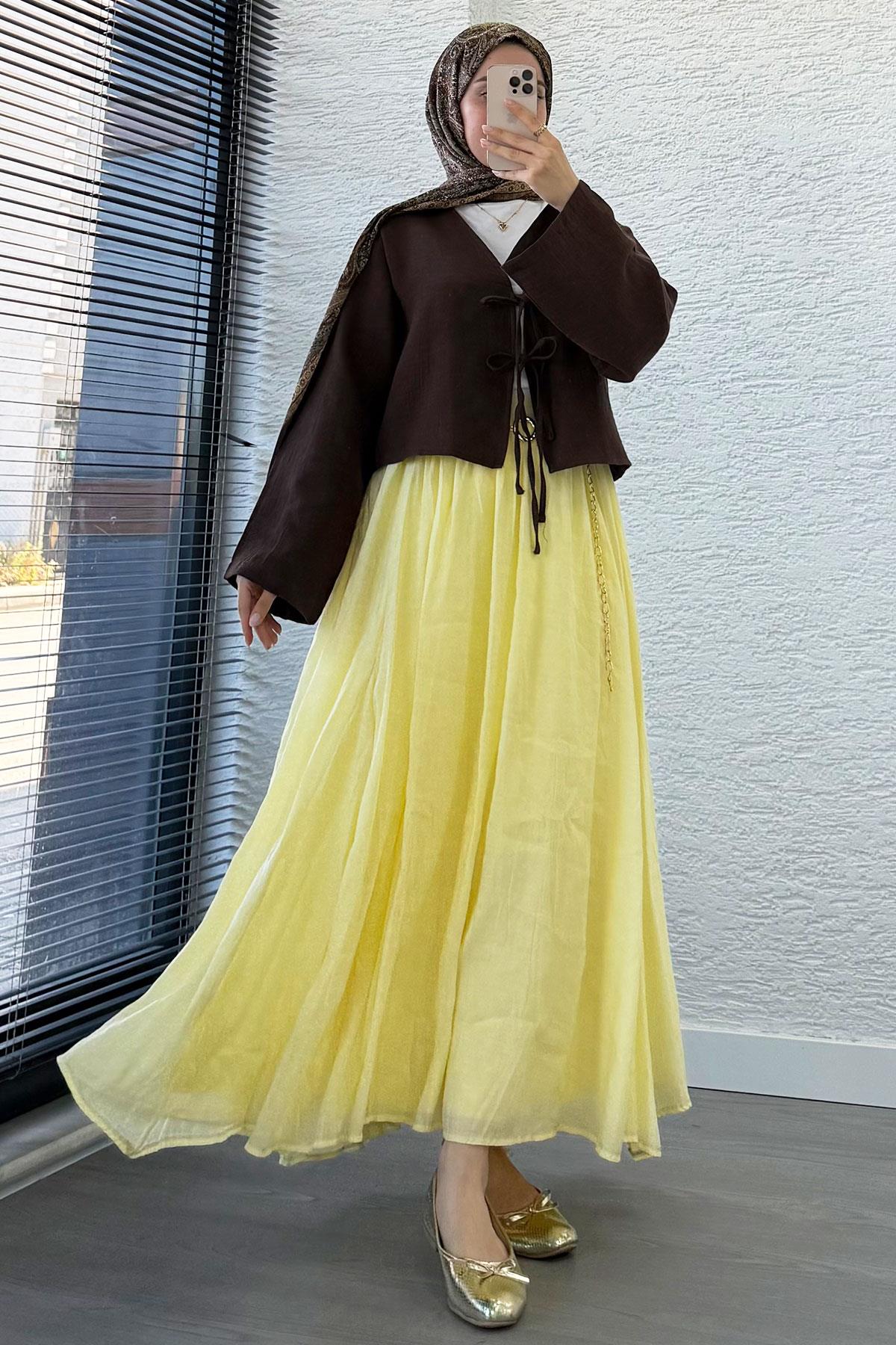 Önden Bağlamalı Kısa Müslin Kimono - Kahverengi