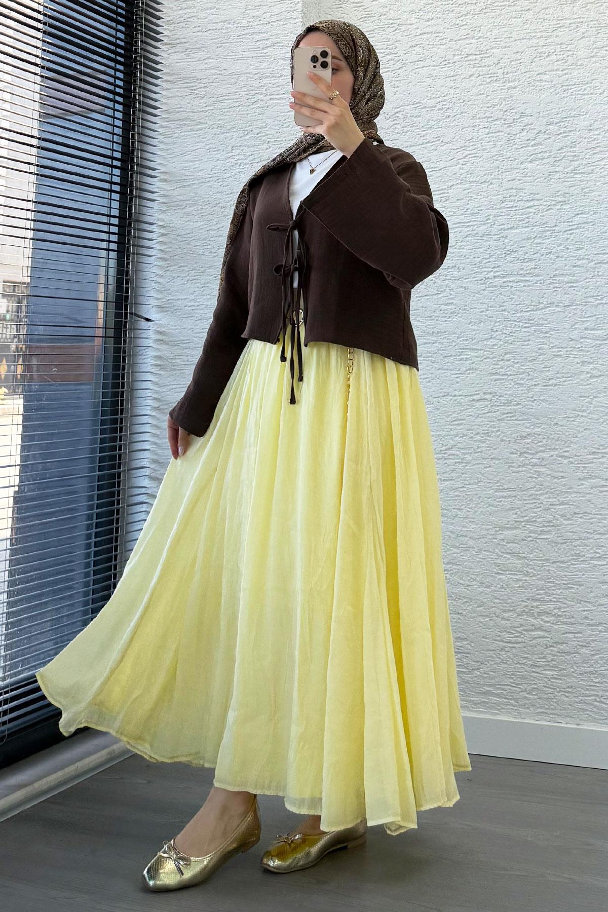 Önden Bağlamalı Kısa Müslin Kimono - Kahverengi