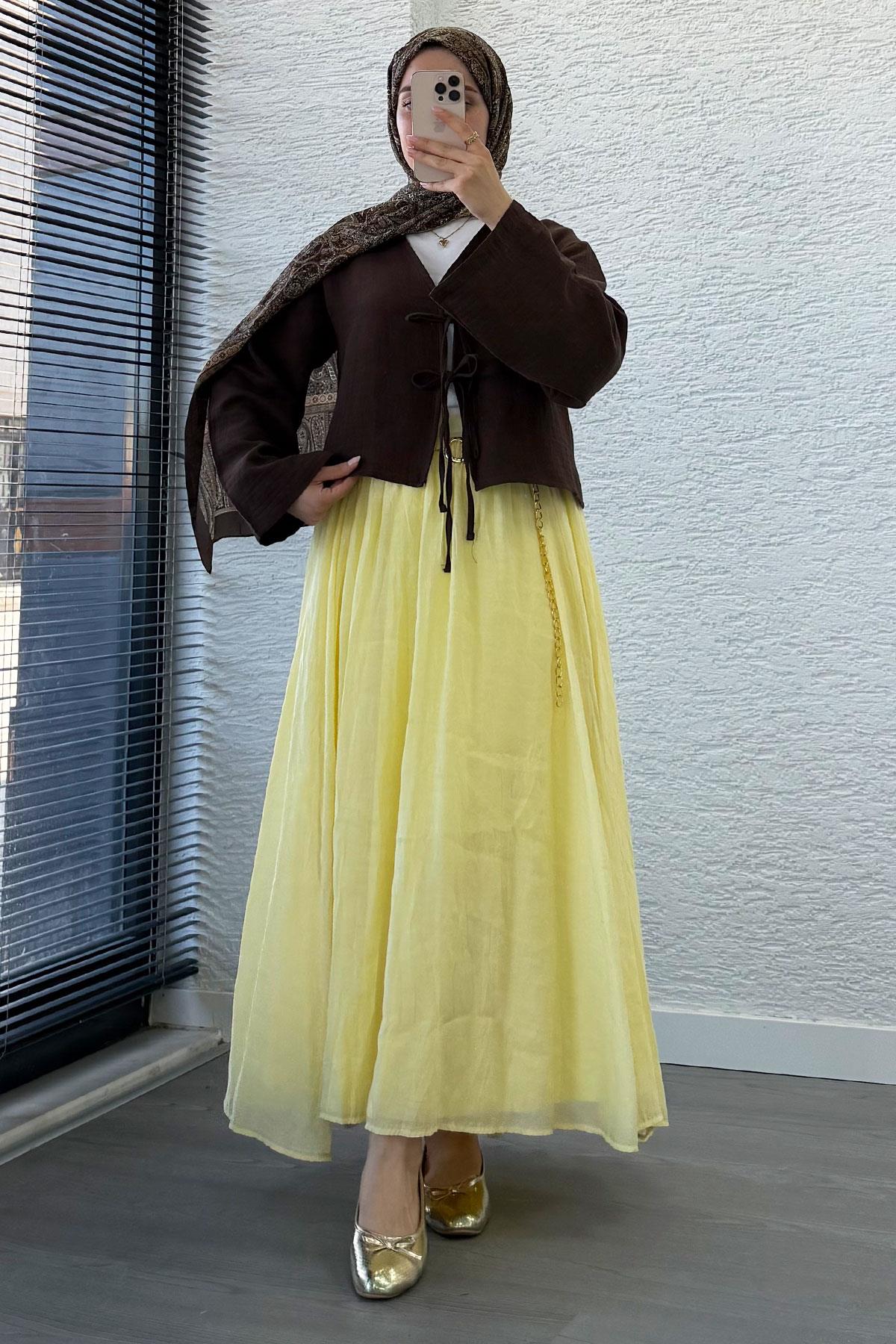Önden Bağlamalı Kısa Müslin Kimono - Kahverengi