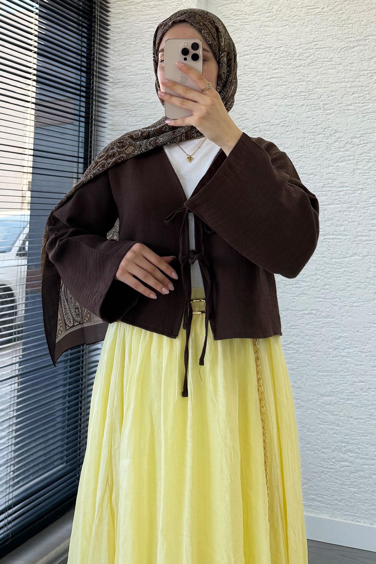 Önden Bağlamalı Kısa Müslin Kimono - Kahverengi