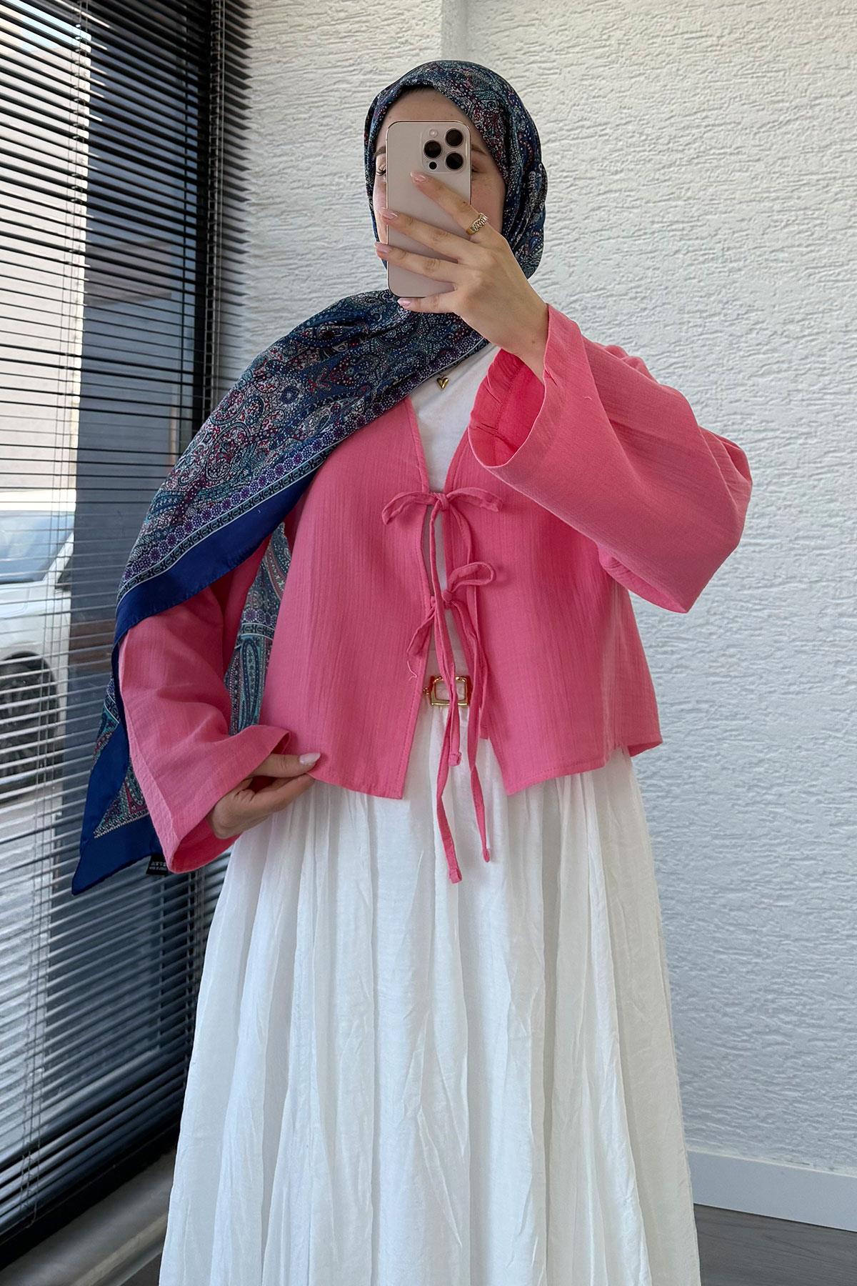 Önden Bağlamalı Kısa Müslin Kimono - Pembe