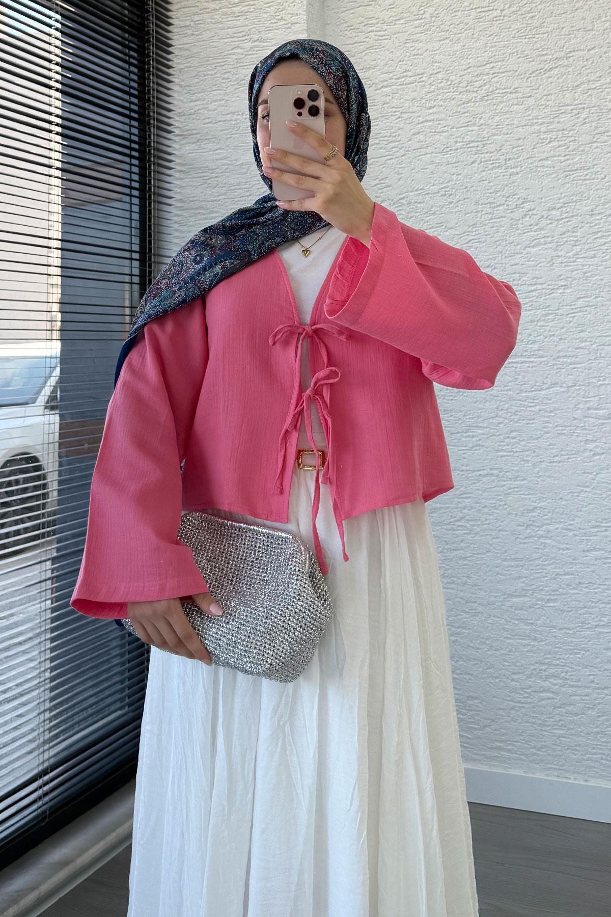 Önden Bağlamalı Kısa Müslin Kimono - Pembe