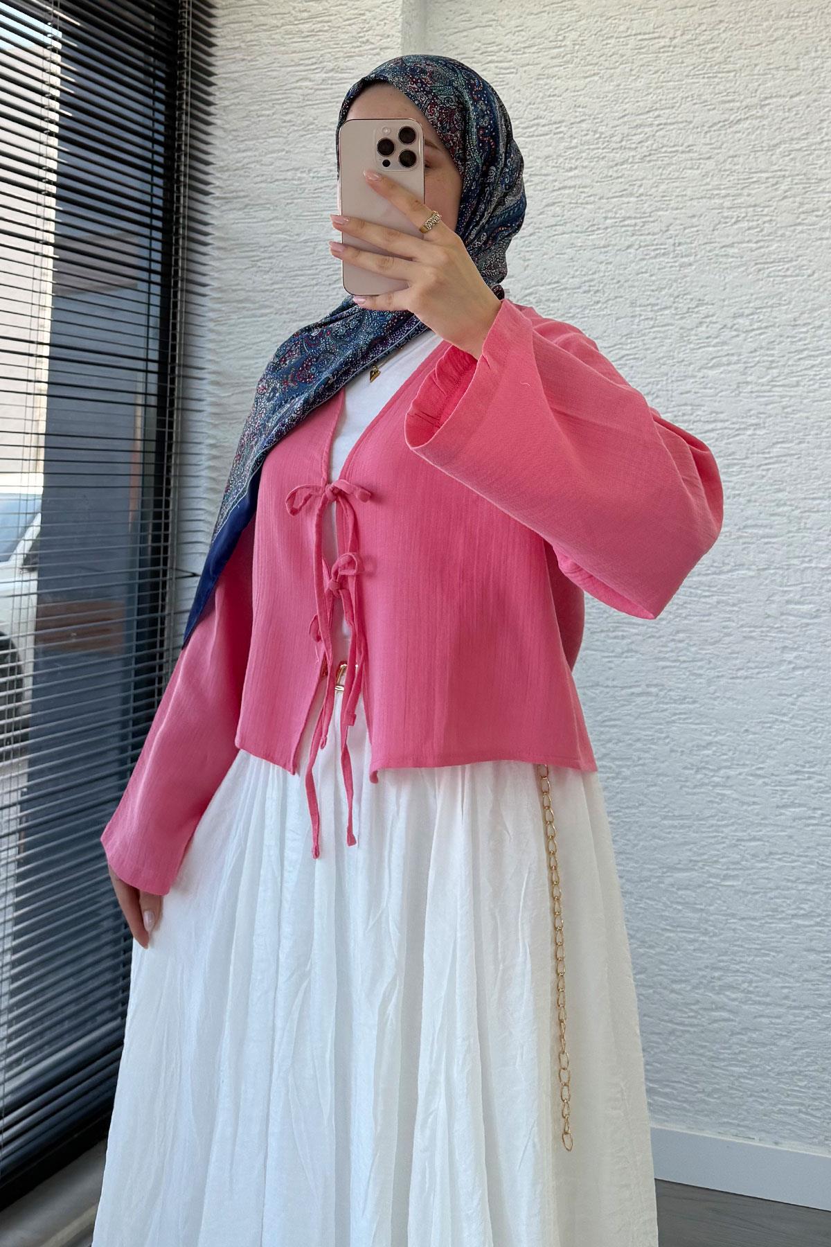 Önden Bağlamalı Kısa Müslin Kimono - Pembe