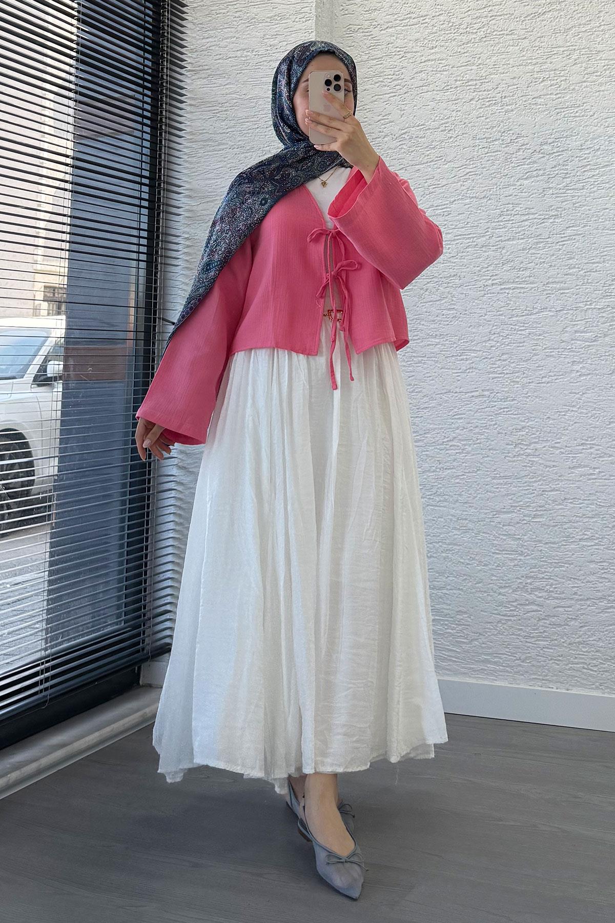 Önden Bağlamalı Kısa Müslin Kimono - Pembe