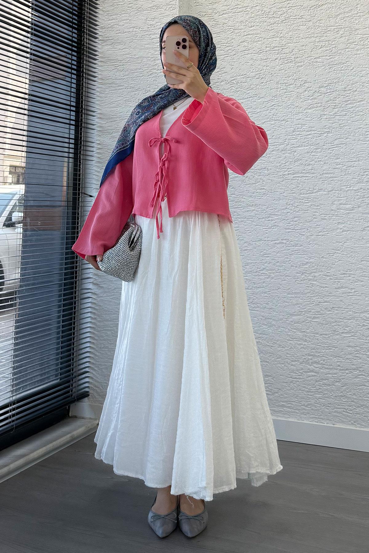 Önden Bağlamalı Kısa Müslin Kimono - Pembe