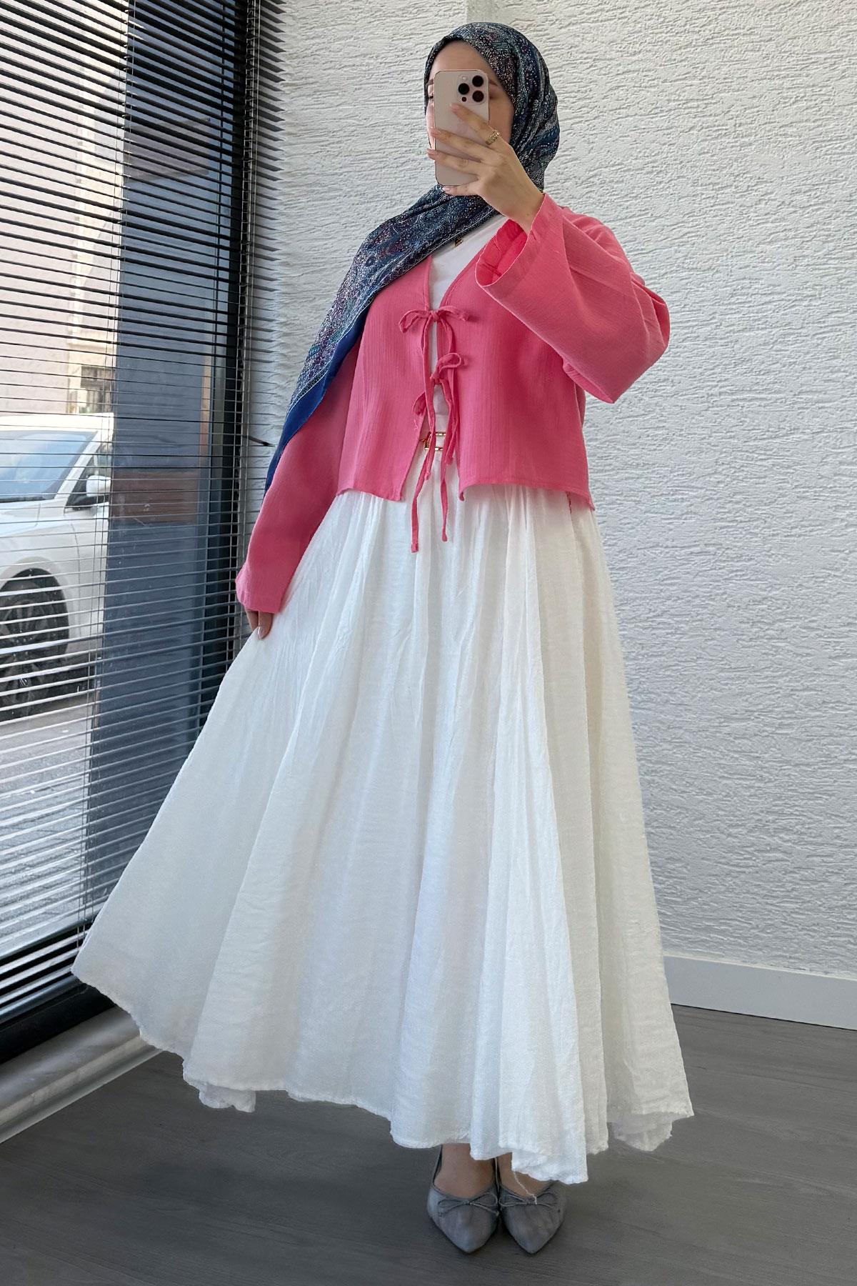 Önden Bağlamalı Kısa Müslin Kimono - Pembe