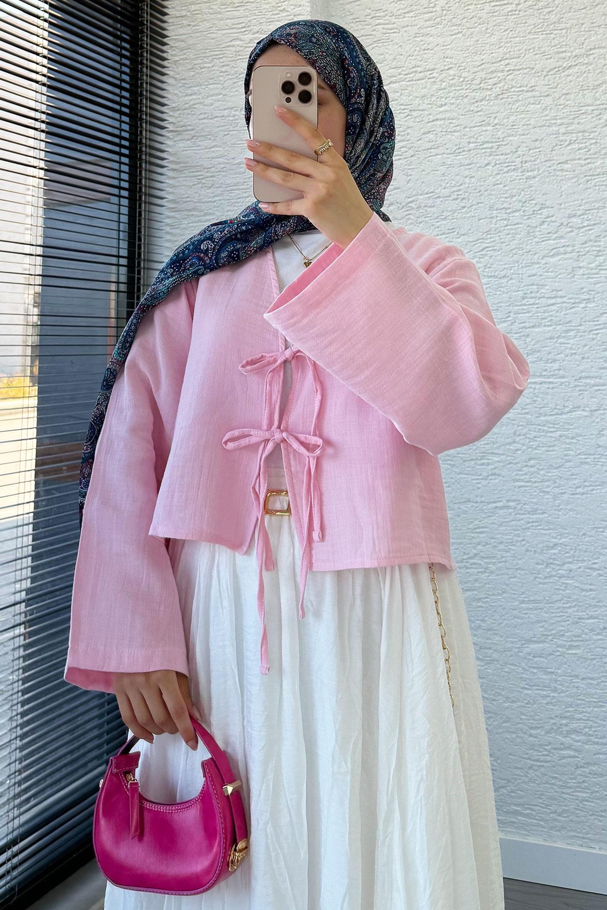 Önden Bağlamalı Kısa Müslin Kimono - Toz Pembe