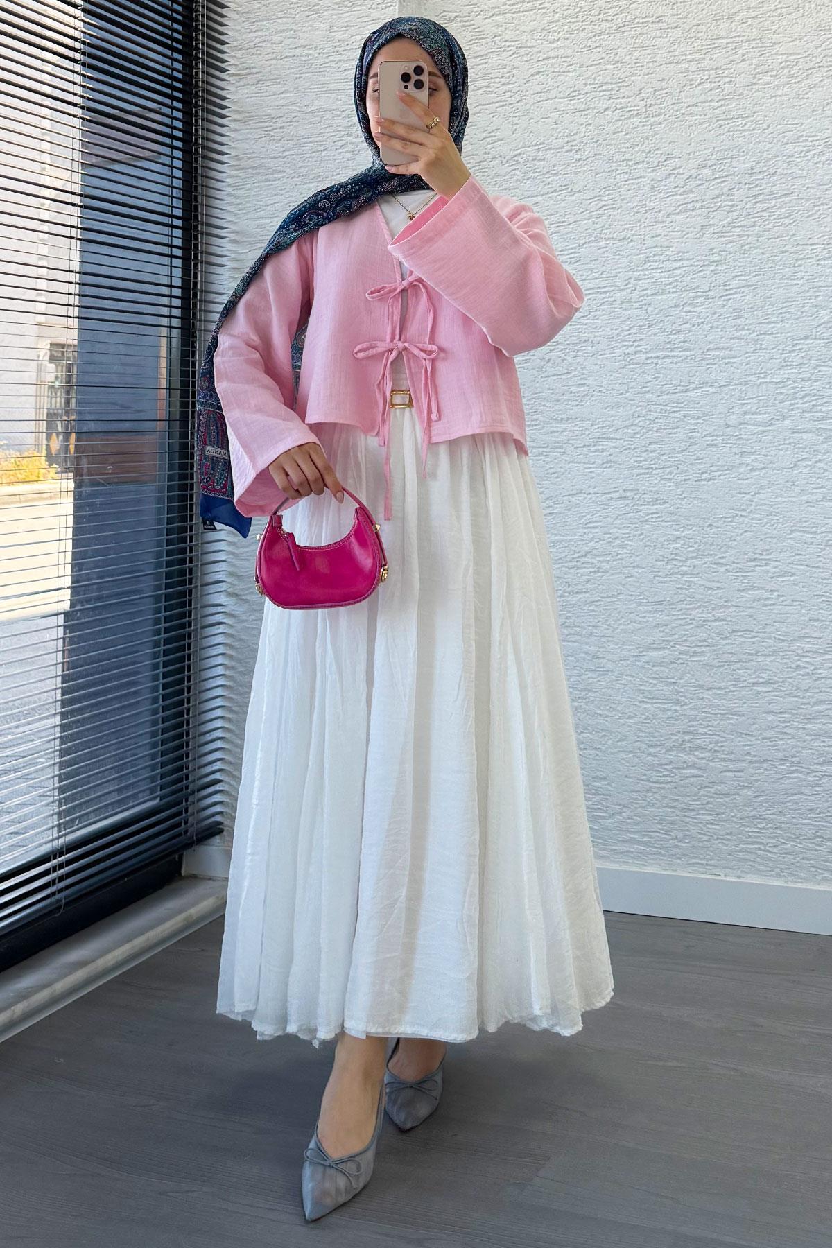 Önden Bağlamalı Kısa Müslin Kimono - Toz Pembe