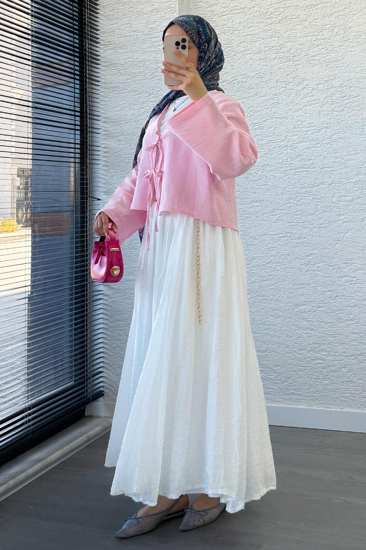 Önden Bağlamalı Kısa Müslin Kimono - Toz Pembe