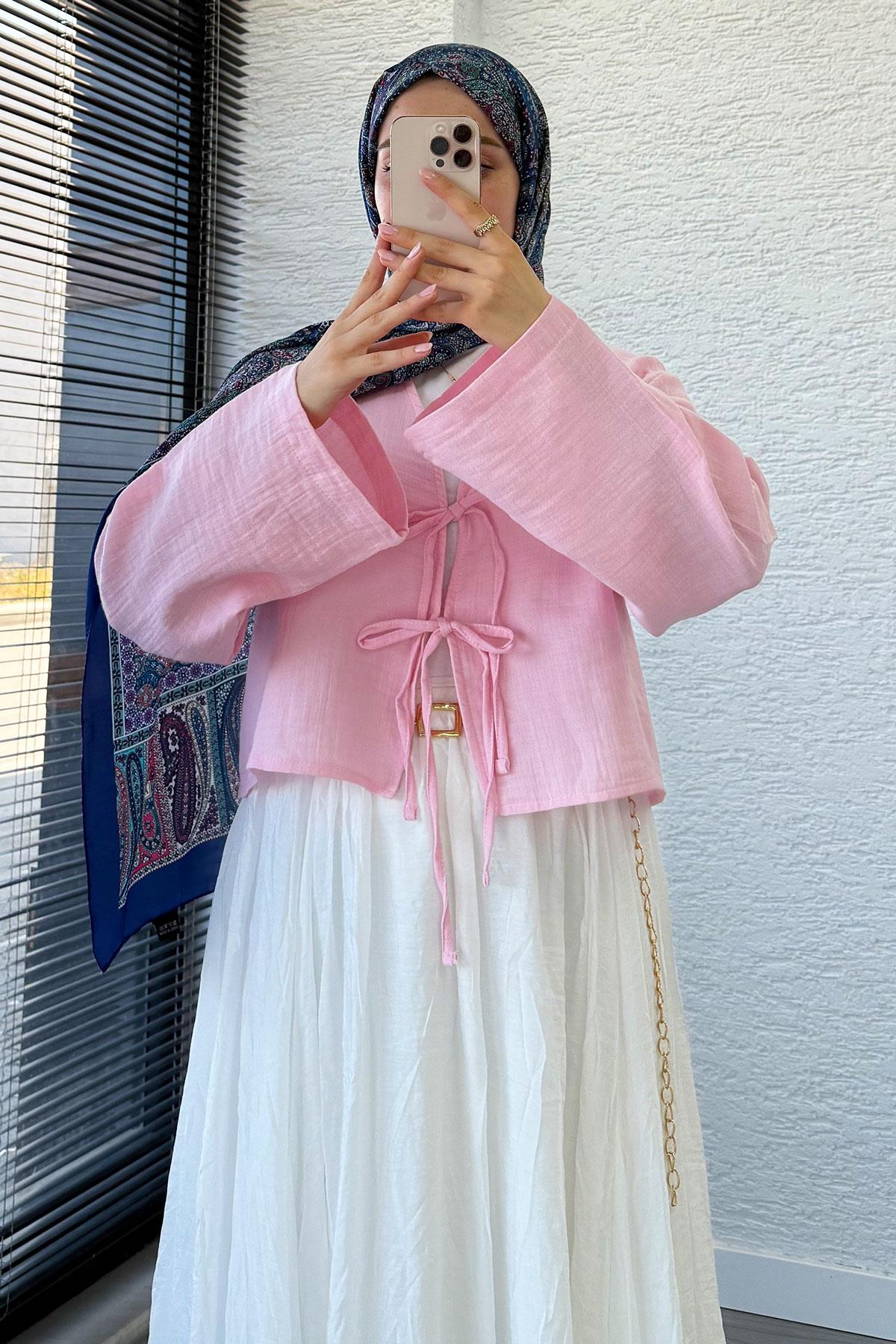 Önden Bağlamalı Kısa Müslin Kimono - Toz Pembe