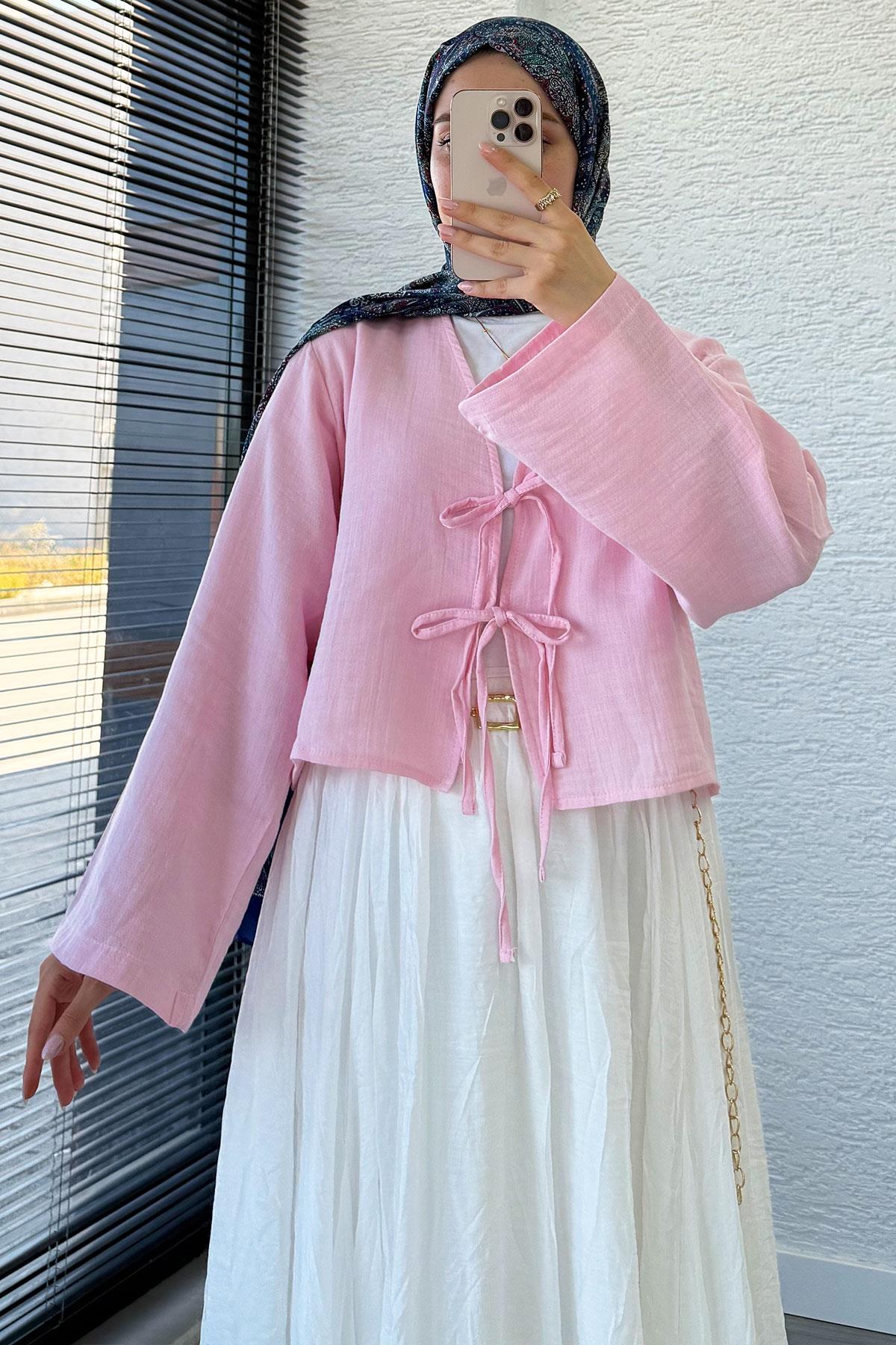 Önden Bağlamalı Kısa Müslin Kimono - Toz Pembe
