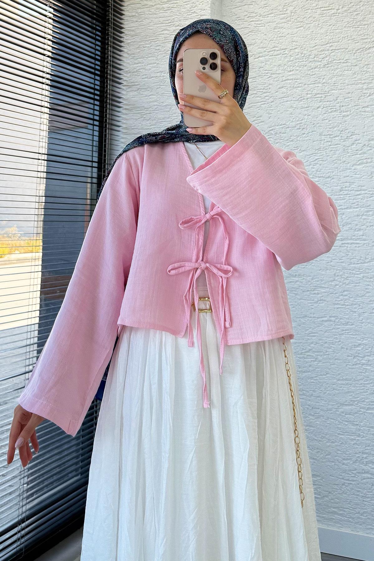 Önden Bağlamalı Kısa Müslin Kimono - Toz Pembe