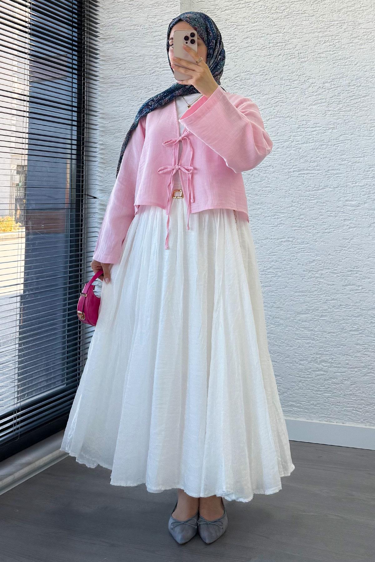 Önden Bağlamalı Kısa Müslin Kimono - Toz Pembe