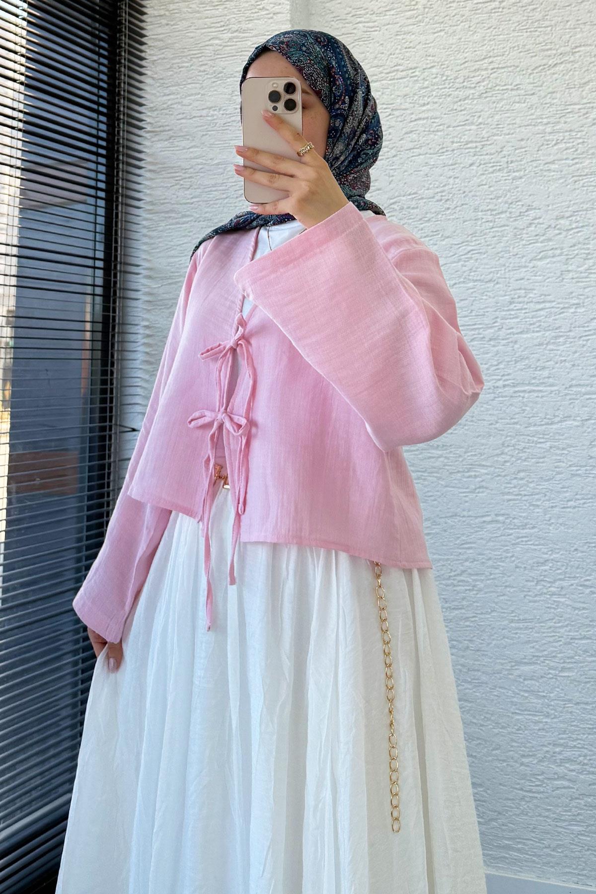 Önden Bağlamalı Kısa Müslin Kimono - Toz Pembe