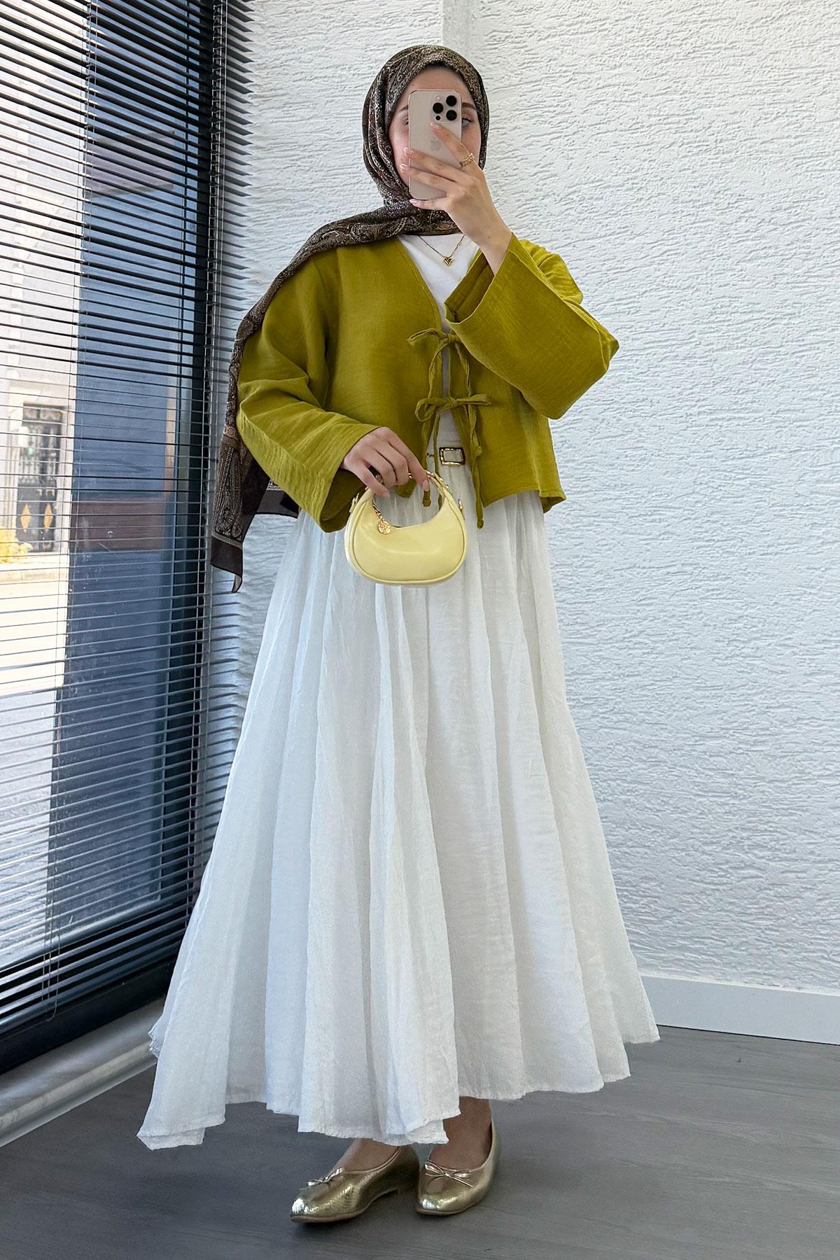 Önden Bağlamalı Kısa Müslin Kimono - Yağ Yeşili