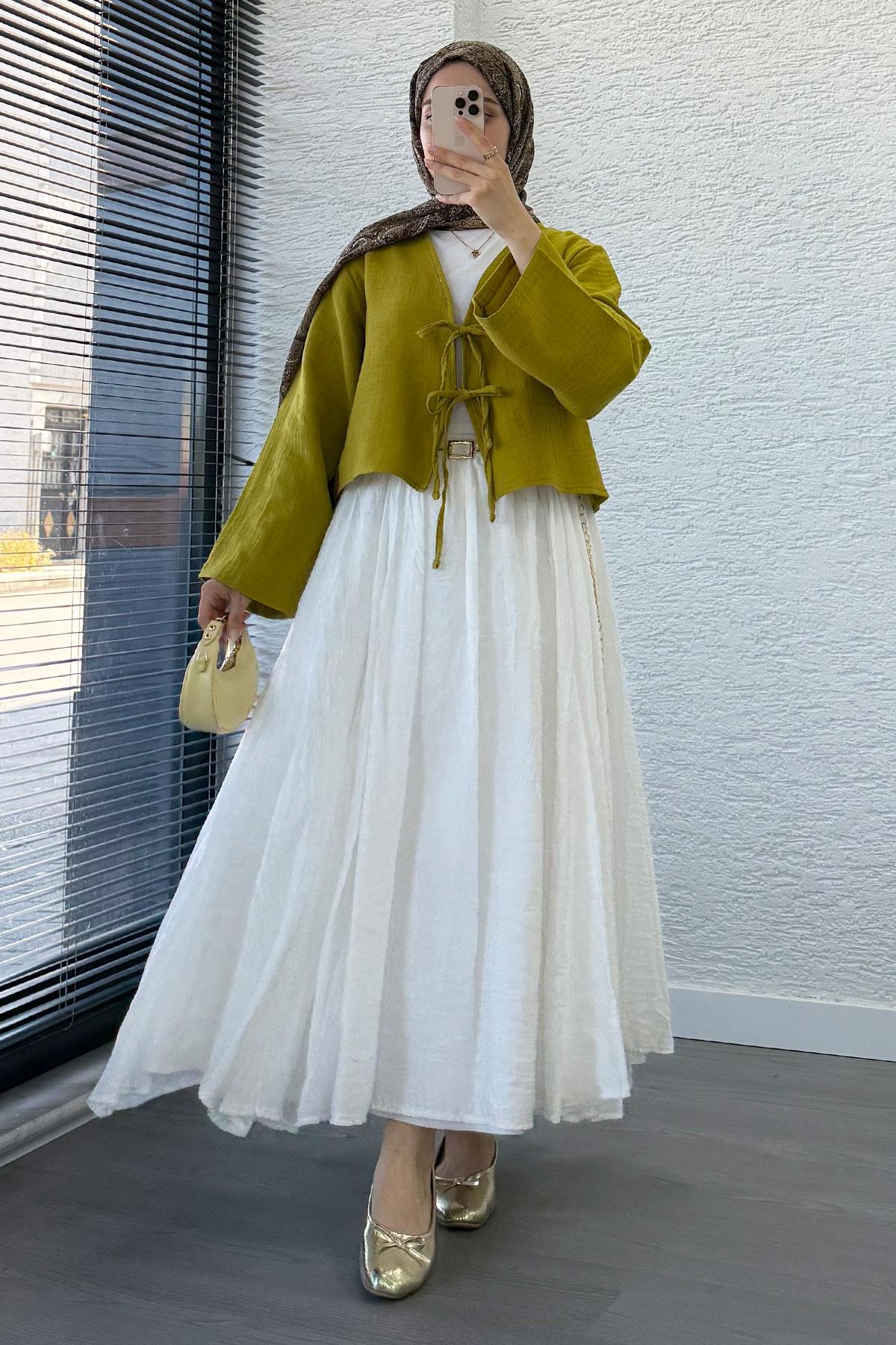 Önden Bağlamalı Kısa Müslin Kimono - Yağ Yeşili