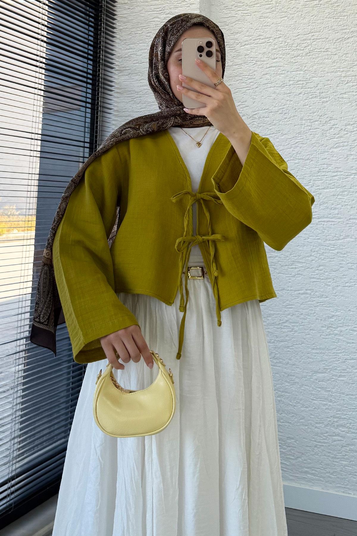 Önden Bağlamalı Kısa Müslin Kimono - Yağ Yeşili