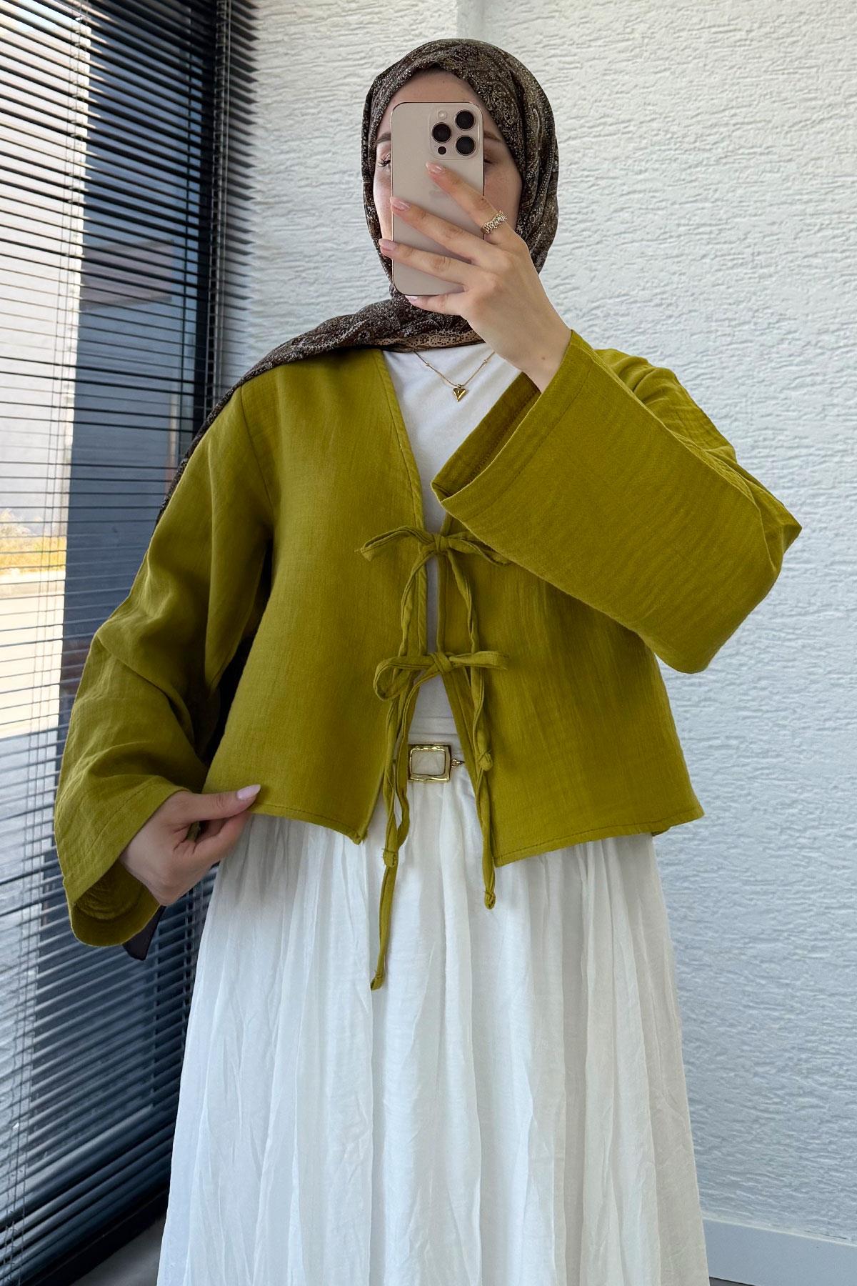Önden Bağlamalı Kısa Müslin Kimono - Yağ Yeşili