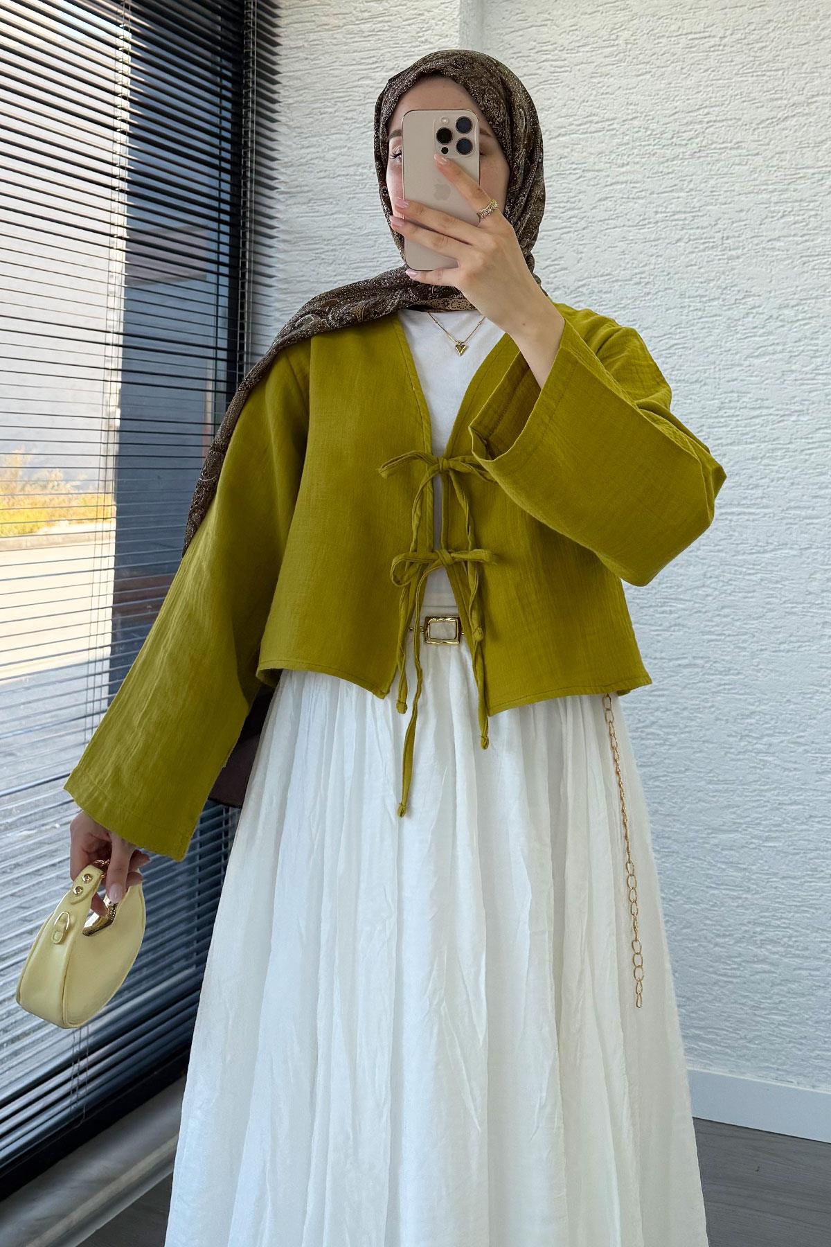 Önden Bağlamalı Kısa Müslin Kimono - Yağ Yeşili
