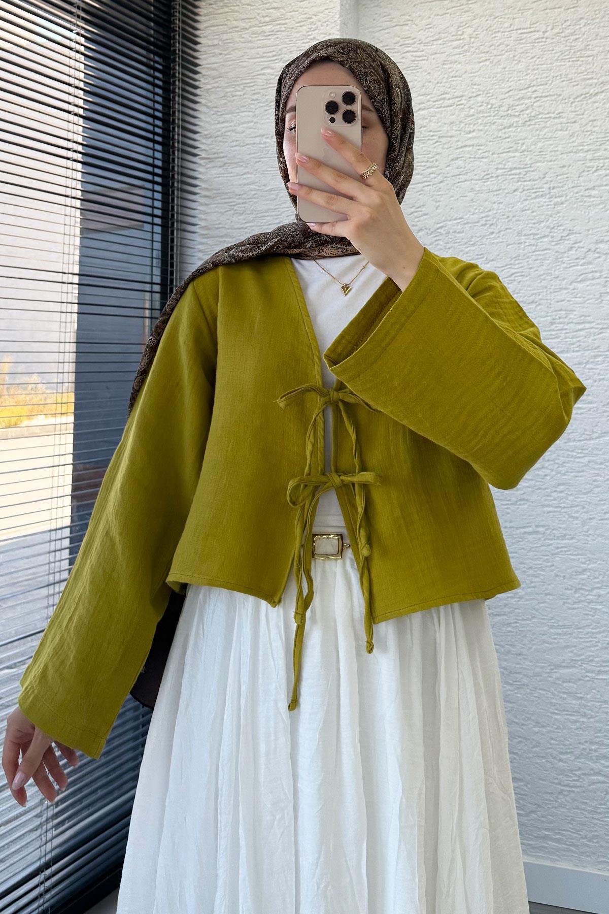 Önden Bağlamalı Kısa Müslin Kimono - Yağ Yeşili