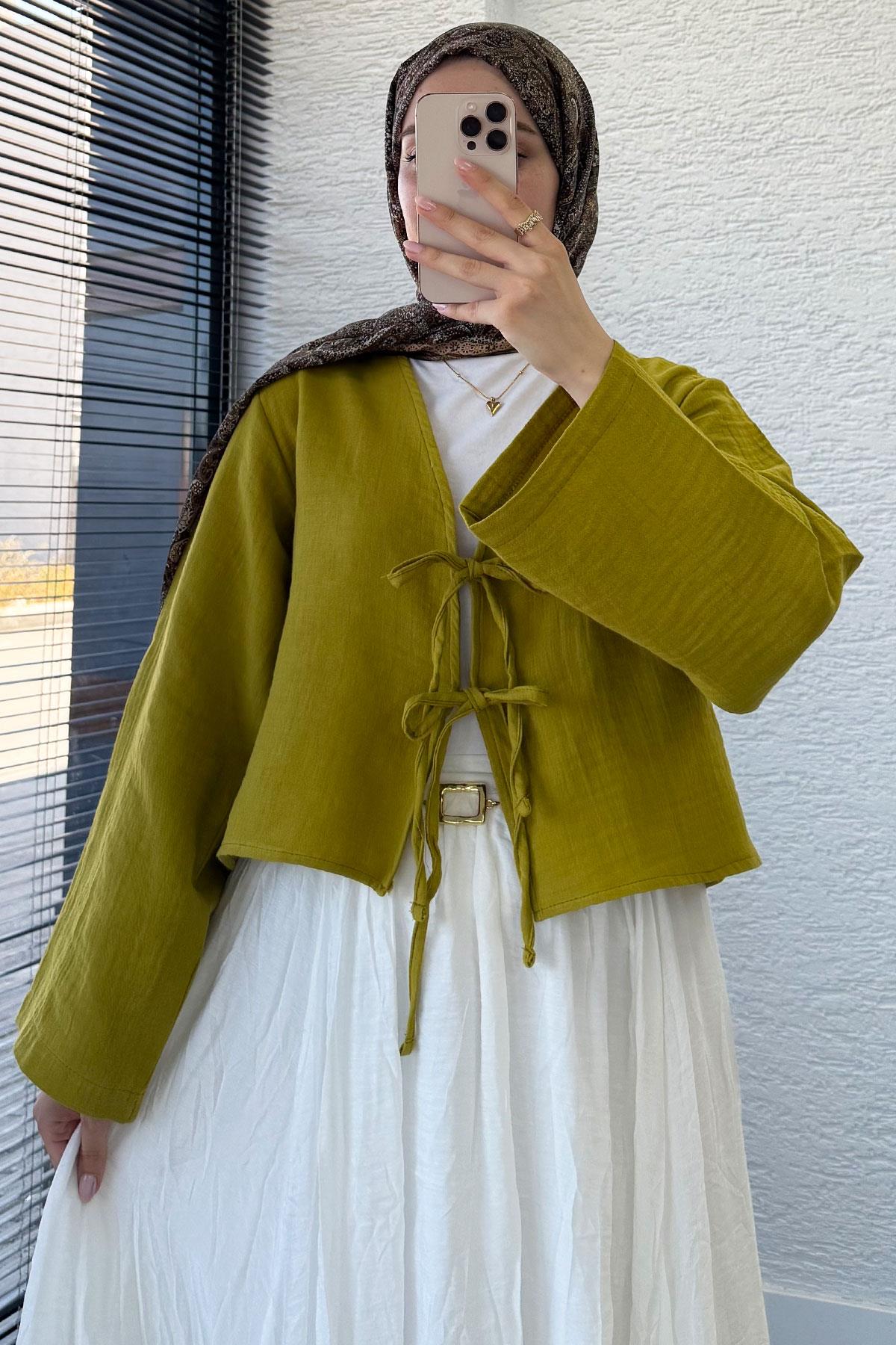 Önden Bağlamalı Kısa Müslin Kimono - Yağ Yeşili