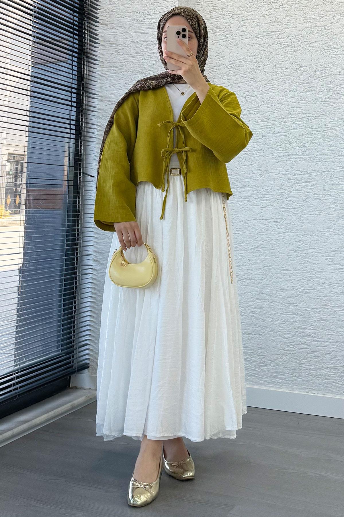 Önden Bağlamalı Kısa Müslin Kimono - Yağ Yeşili