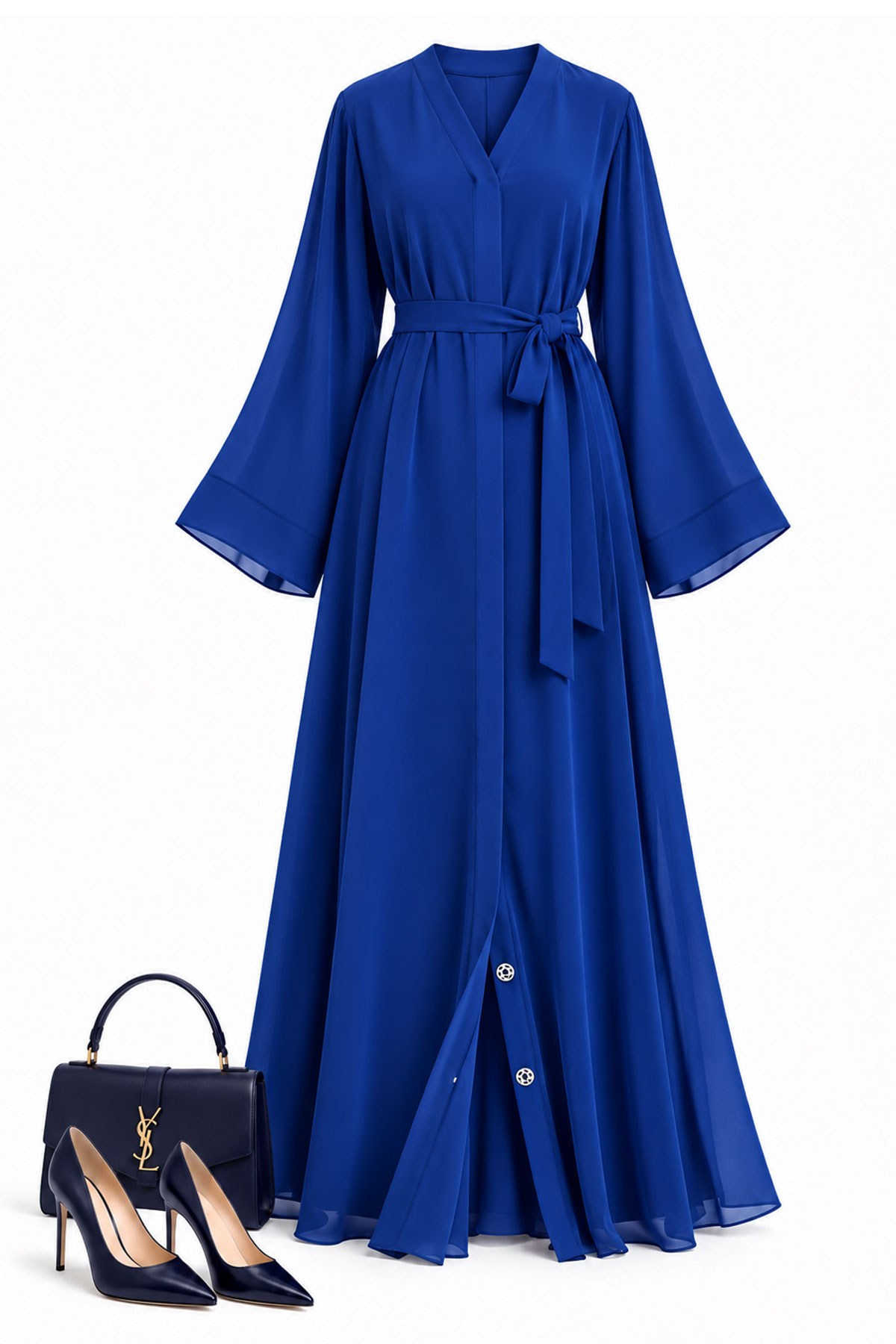 Önden Çıtçıt Detay Çift Kat Şifon Abaya - Saks