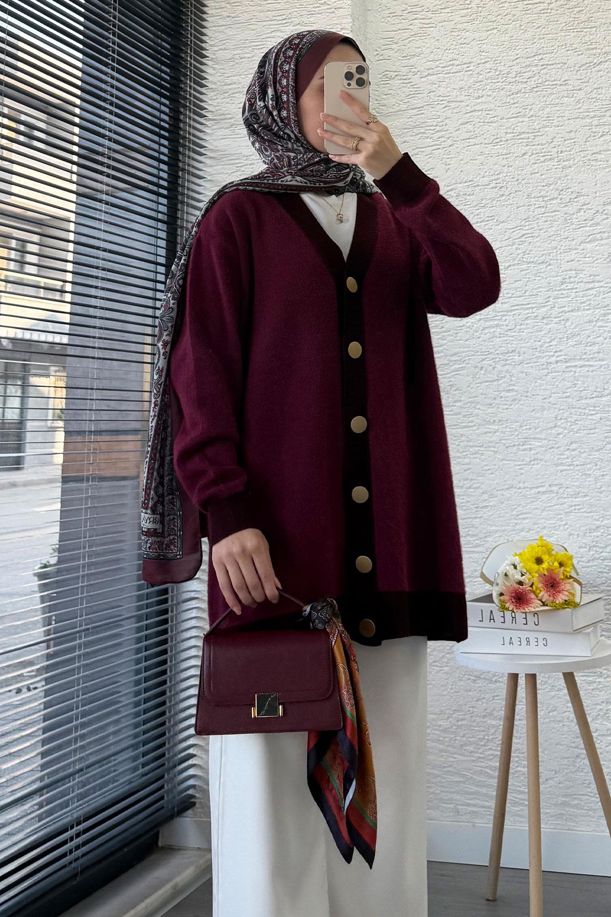 Önden Düğmeli Yumoş Kadın Hırka – Bordo