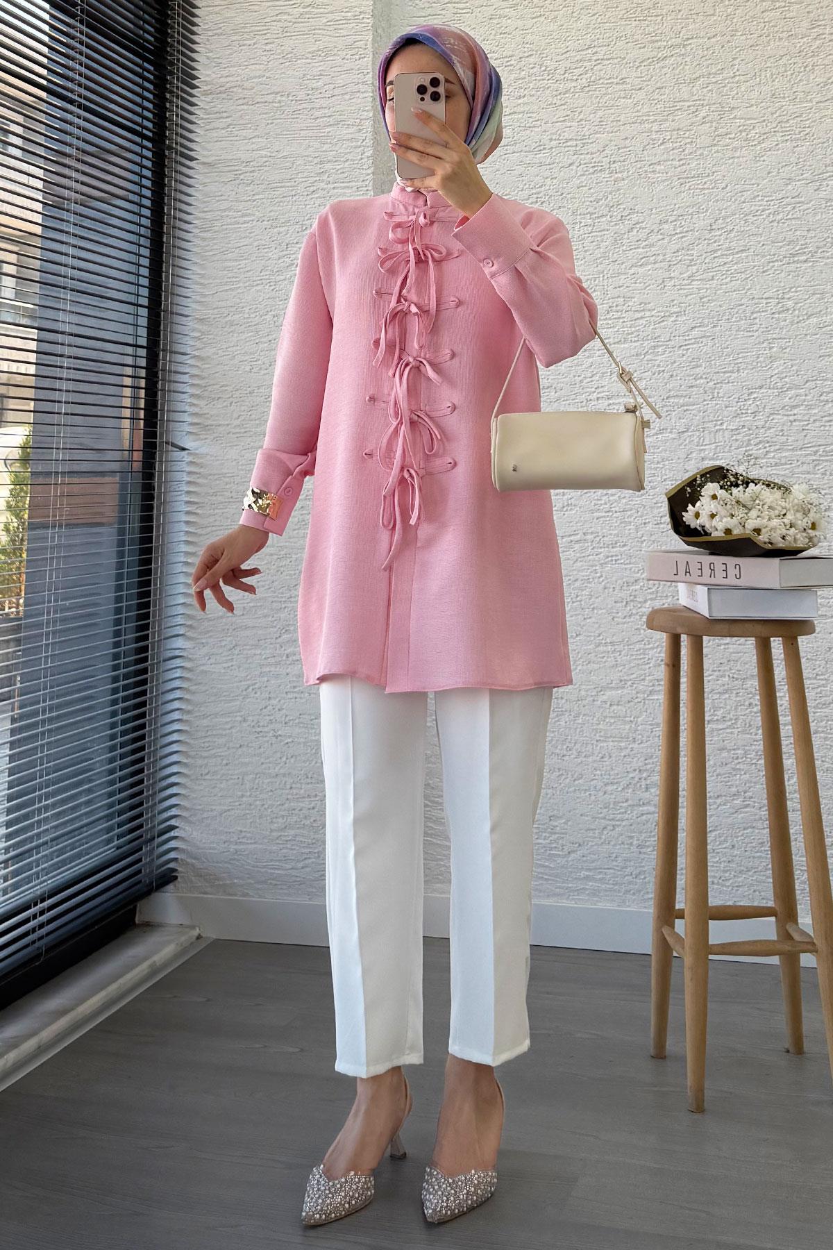 Önü Bağlama Detaylı Gofre Tunik - Pembe