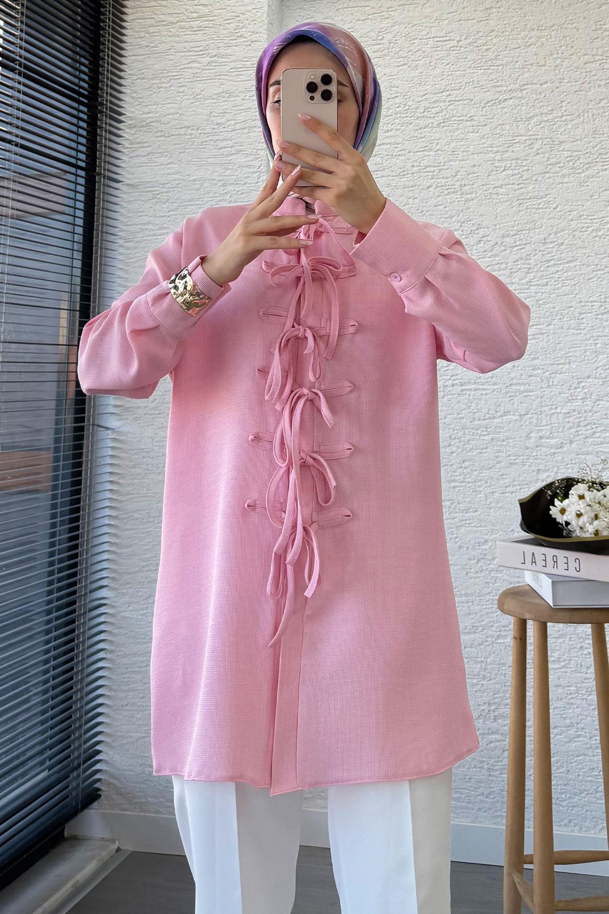 Önü Bağlama Detaylı Gofre Tunik - Pembe