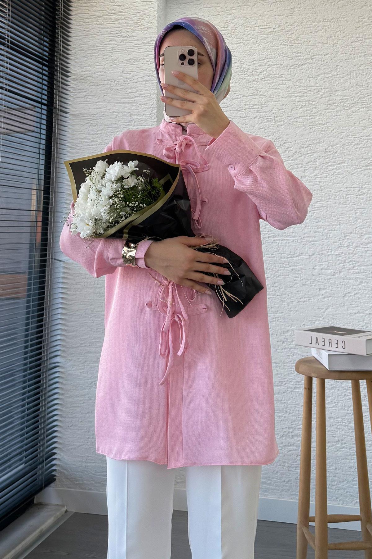 Önü Bağlama Detaylı Gofre Tunik - Pembe