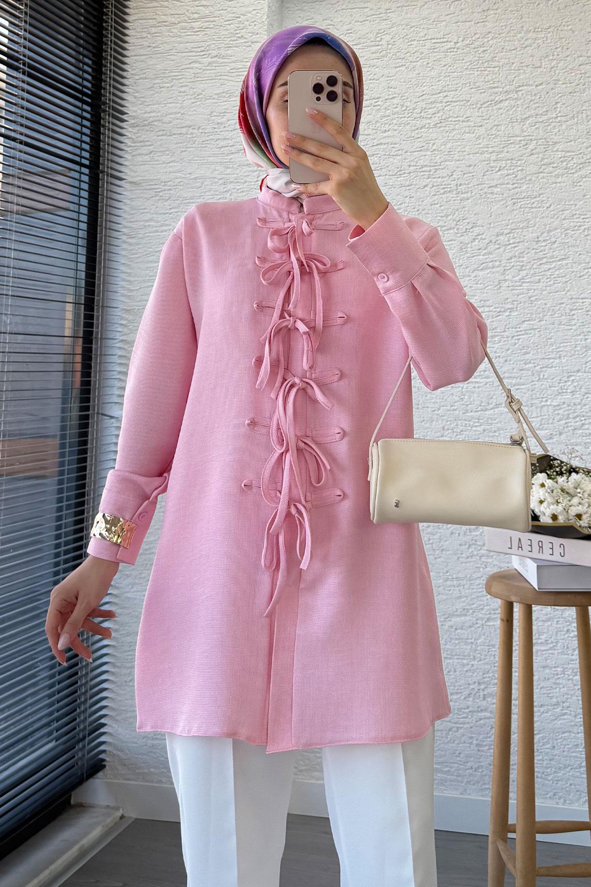 Önü Bağlama Detaylı Gofre Tunik - Pembe