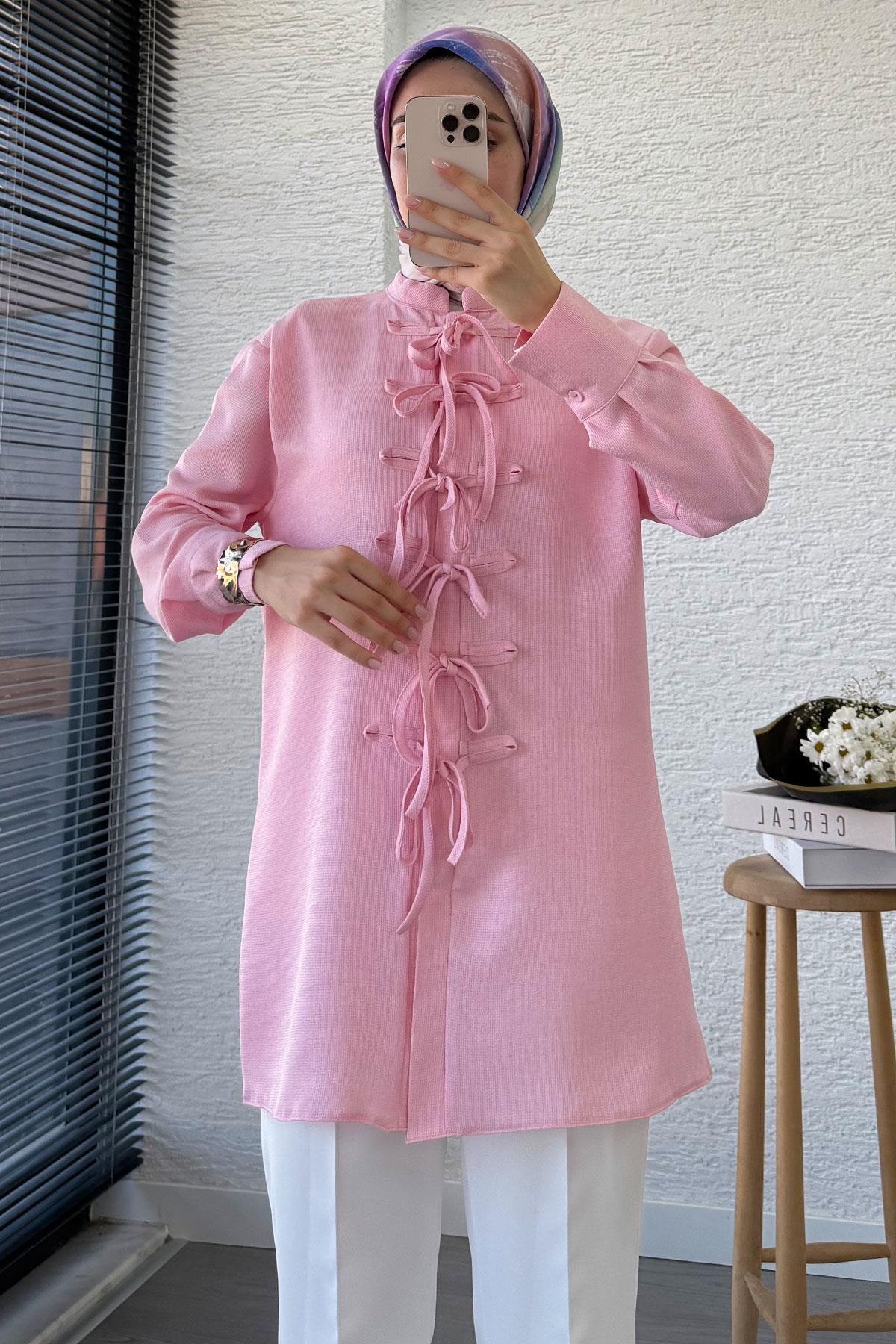 Önü Bağlama Detaylı Gofre Tunik - Pembe