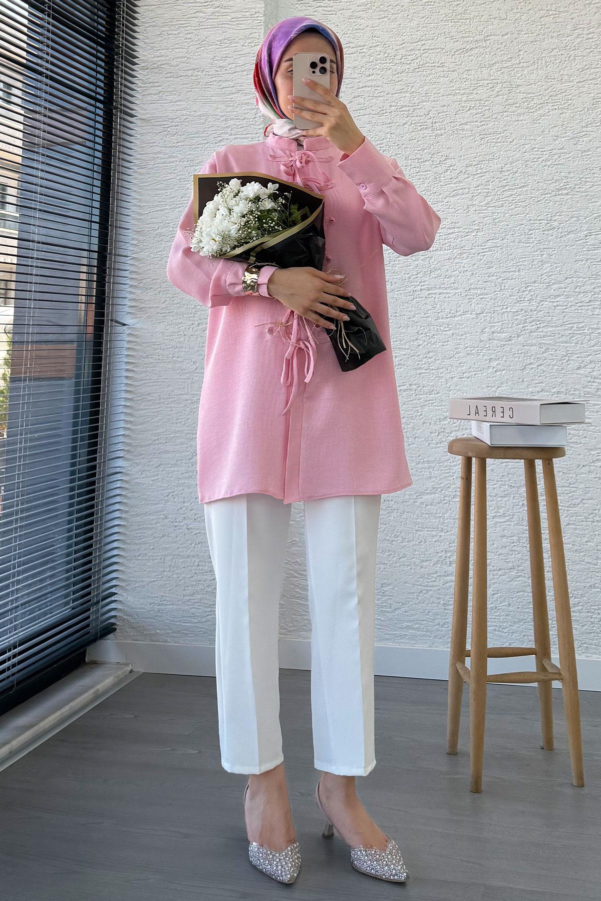 Önü Bağlama Detaylı Gofre Tunik - Pembe