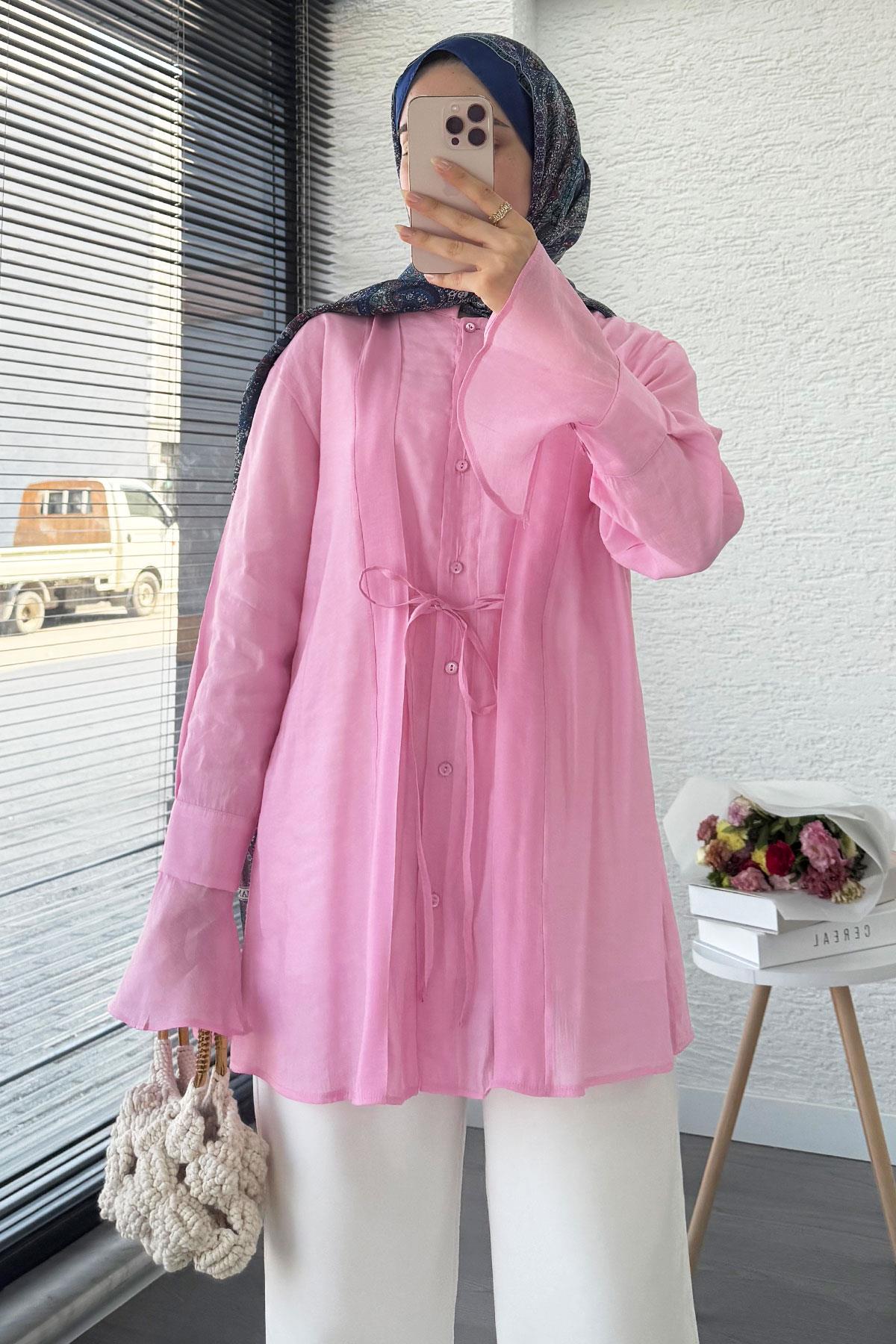 Önü Bağlamalı Vual Tunik – Pembe 
