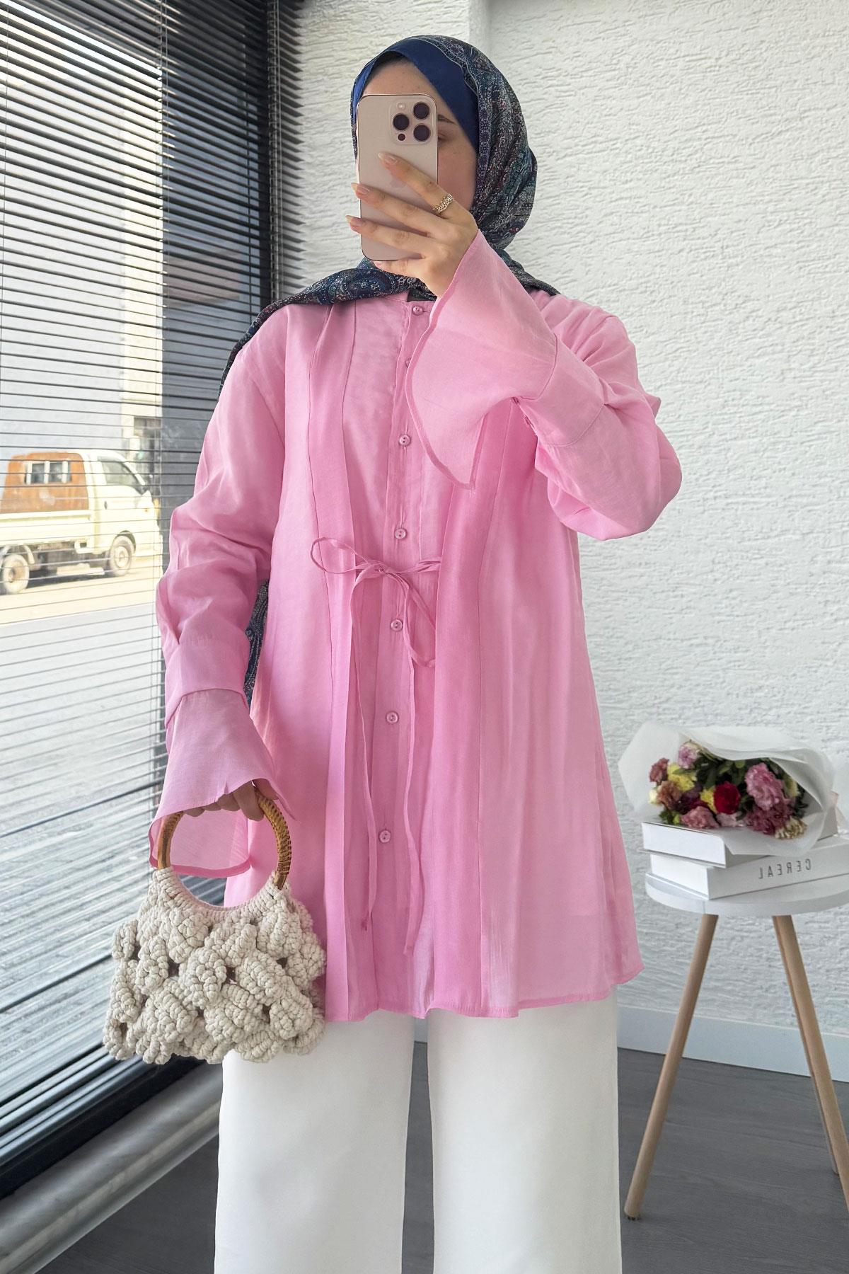 Önü Bağlamalı Vual Tunik – Pembe 