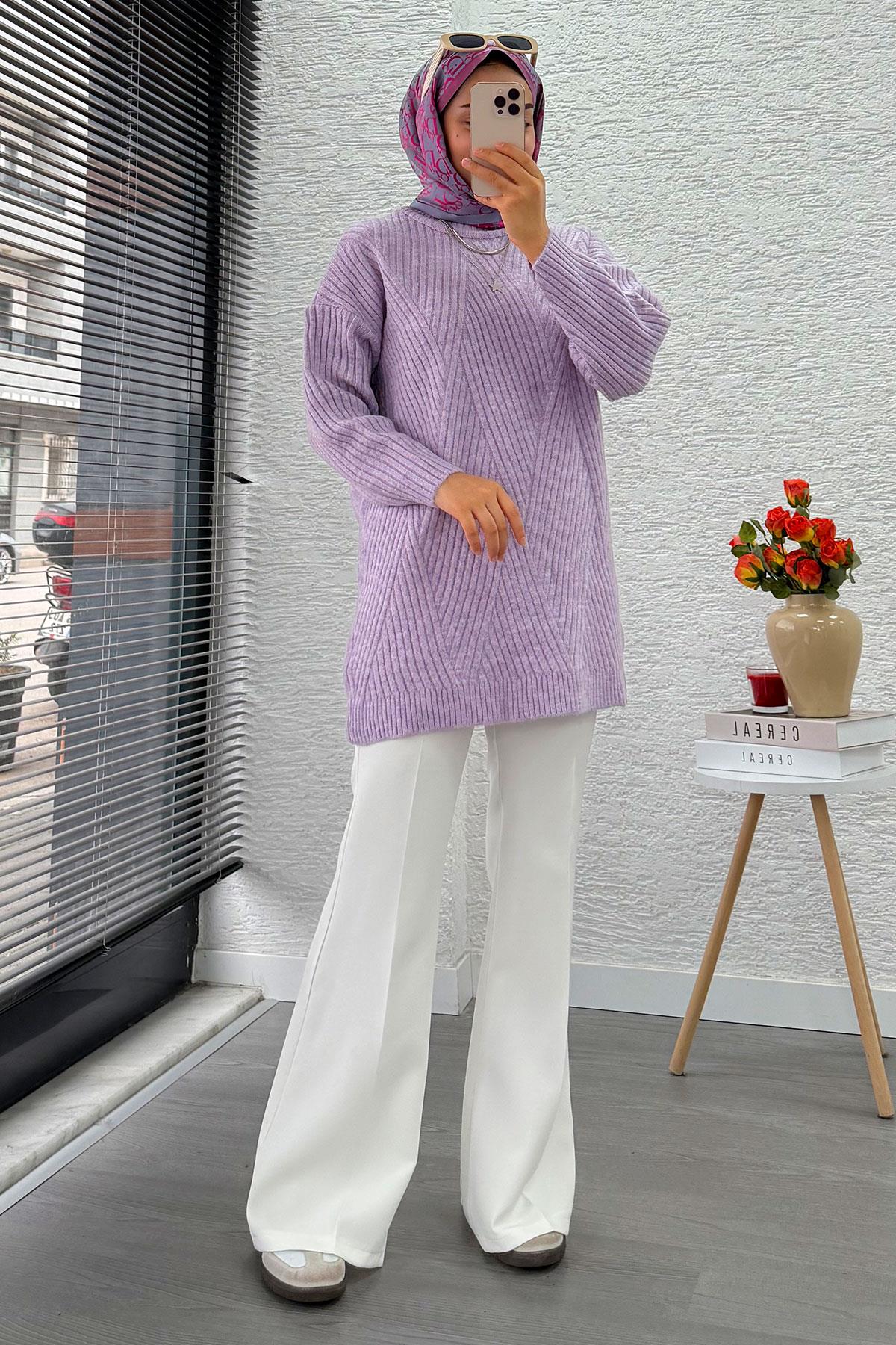Önü Çizgi Desenli Oversize Triko Kazak – Lila