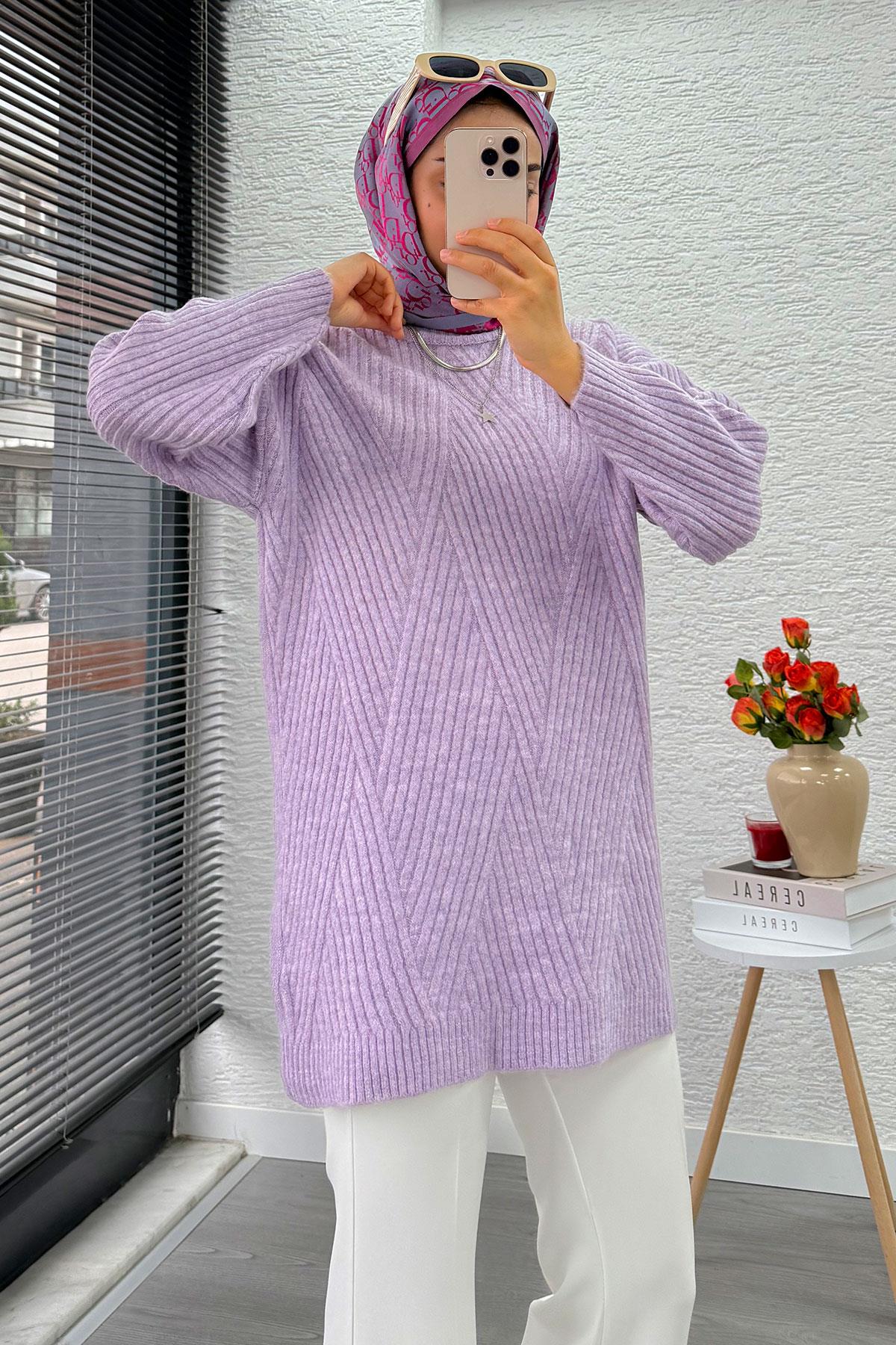 Önü Çizgi Desenli Oversize Triko Kazak – Lila