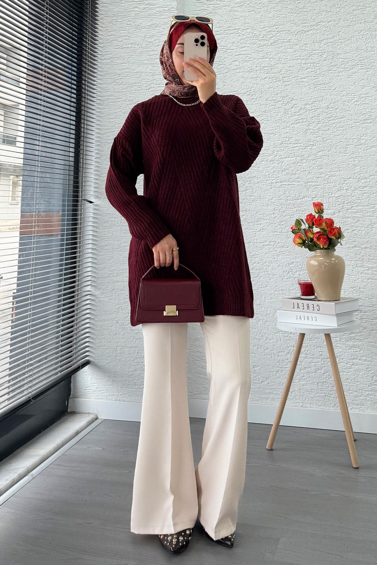 Önü Çizgi Desenli Oversize Triko Kazak – Bordo