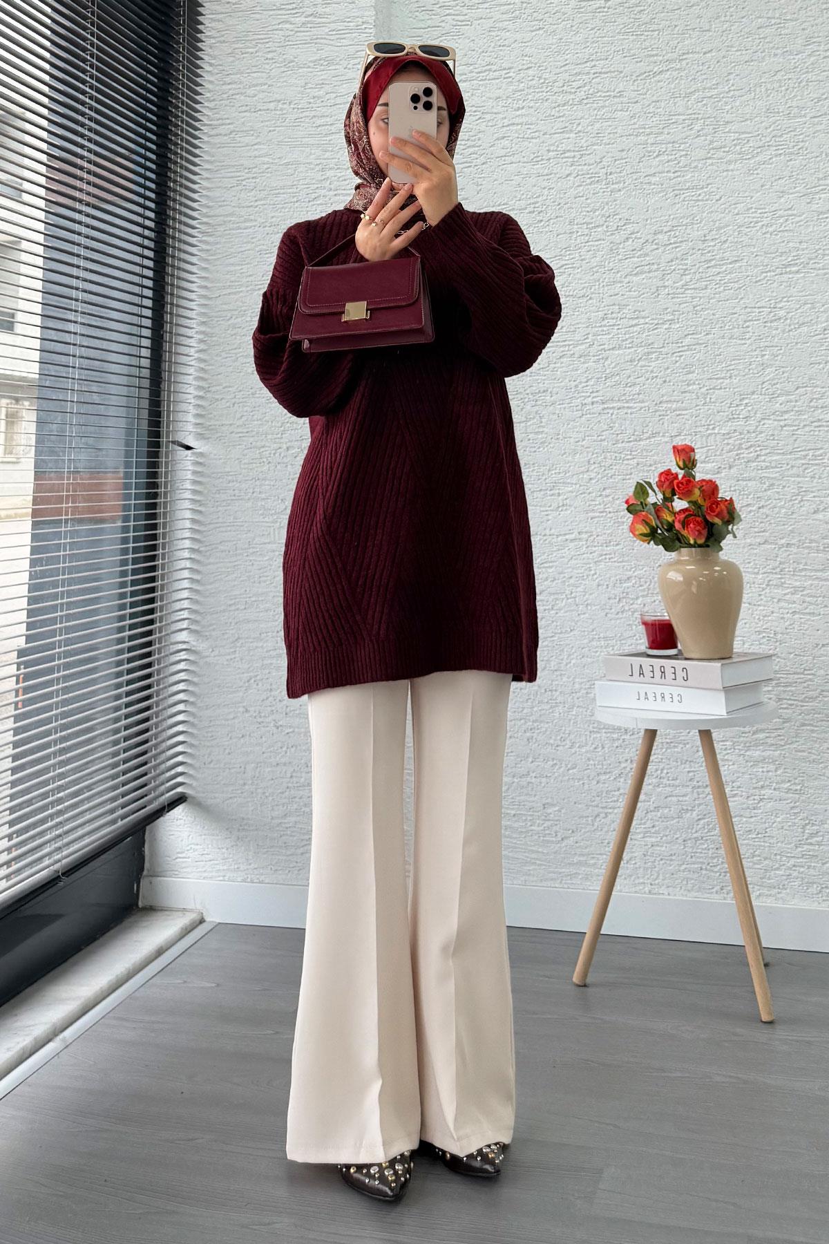 Önü Çizgi Desenli Oversize Triko Kazak – Bordo