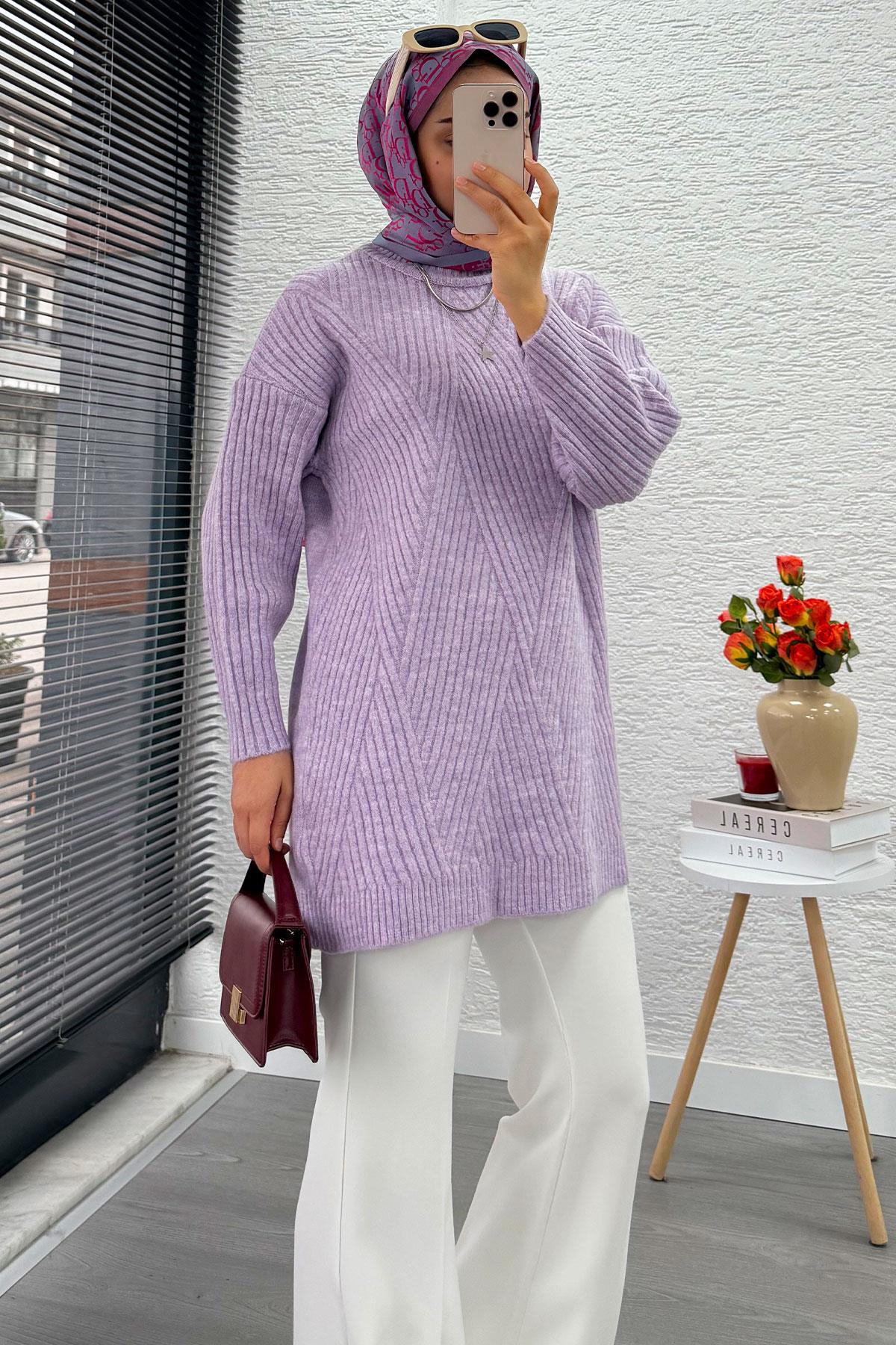 Önü Çizgi Desenli Oversize Triko Kazak – Lila